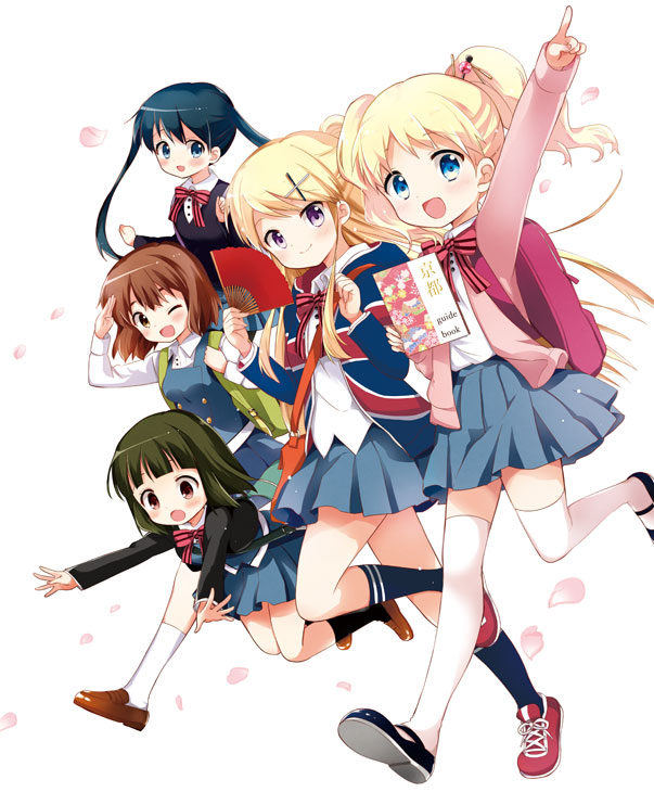 alice_cartelet backpack bag black_hair blonde_hair blue_eyes book bow brown_eyes fan folding_fan hair_ornament hara_yui inokuma_youko kin-iro_mosaic komichi_aya kujou_karen long_hair multiple_girls official_art oomiya_shinobu open_mouth school_uniform short_hair smile twintails white_legwear x_hair_ornament