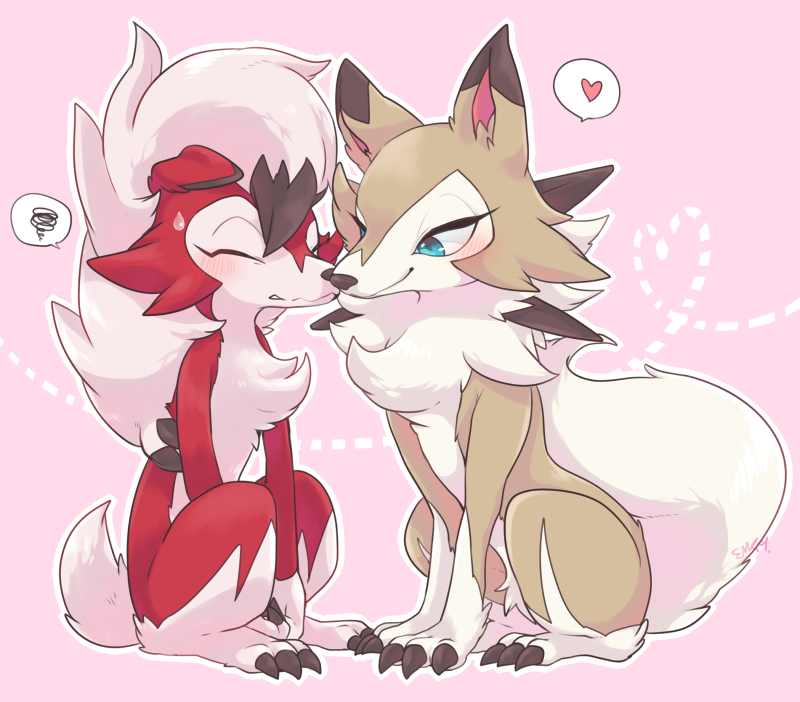 &lt;3 2016 abstract_background ambiguous_gender blush canine claws duo fur lycanroc mammal midday_lycanroc midnight_lycanroc multicolored_fur nintendo nose_to_nose pok&eacute;mon red_fur speech_bubble tan_fur video_games white_fur