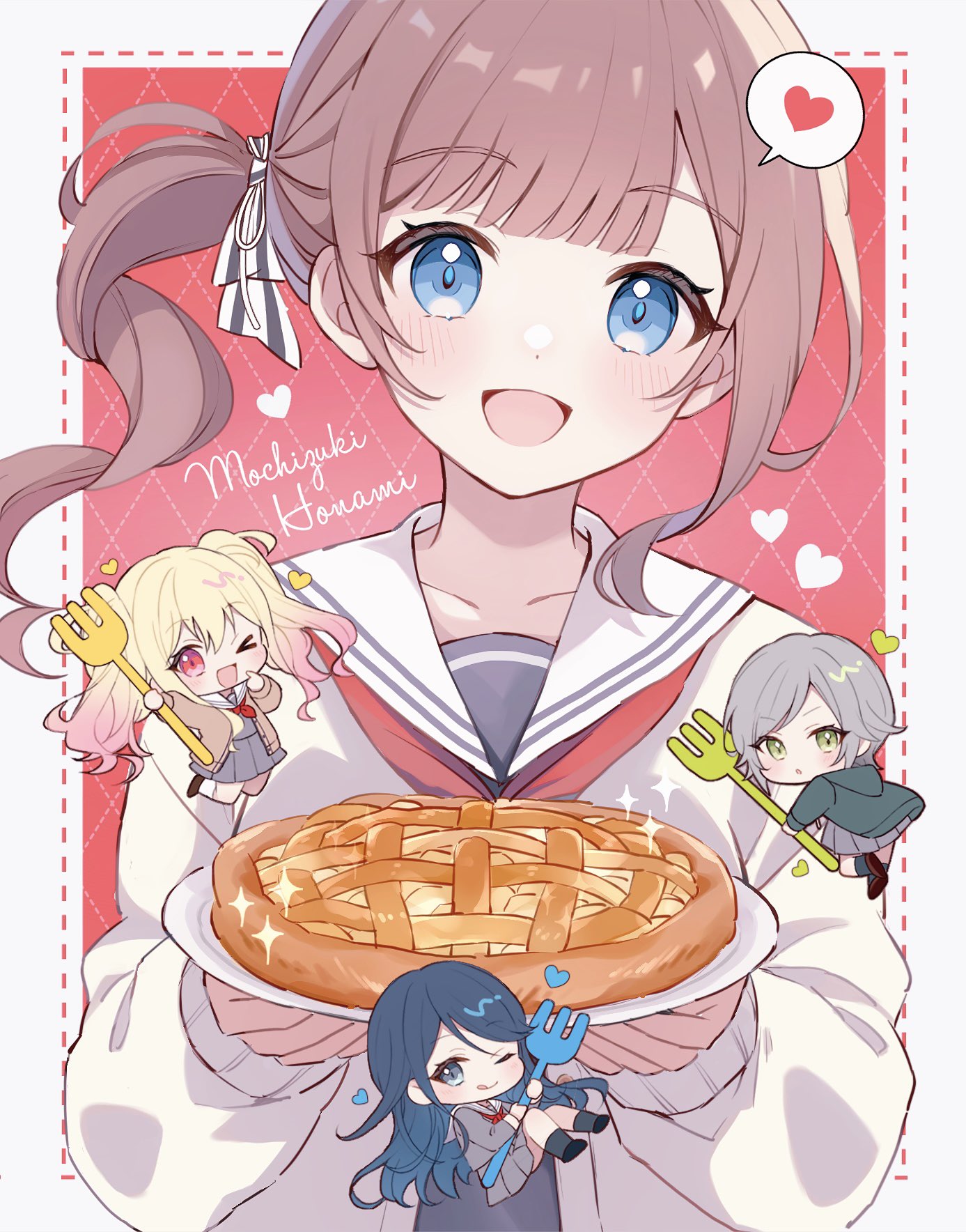 &gt;_o 4girls :d :q apple_pie black_ribbon black_socks blonde_hair blue_eyes blue_hair blush border brown_cardigan brown_hair cardigan character_name chibi closed_mouth collarbone dot_nose food fork gradient_hair green_eyes grey_hair grey_serafuku grey_shirt grey_skirt hair_ribbon head_tilt heart highres hinomori_shiho holding holding_plate hoshino_ichika_(project_sekai) hrn_ohana incoming_food inset_border leo/need_(project_sekai) long_bangs long_hair looking_at_viewer miyamasuzaka_girls'_academy_school_uniform mochizuki_honami multicolored_hair multiple_girls neckerchief one_eye_closed open_cardigan open_clothes open_mouth outside_border oversized_object pie pink_eyes pink_hair plate project_sekai raised_eyebrows red_neckerchief ribbon sailor_collar school_uniform serafuku shirt side_ponytail skirt smile socks spoken_heart straight-on striped striped_ribbon tenma_saki tongue tongue_out upper_body white_border white_cardigan white_ribbon white_sailor_collar