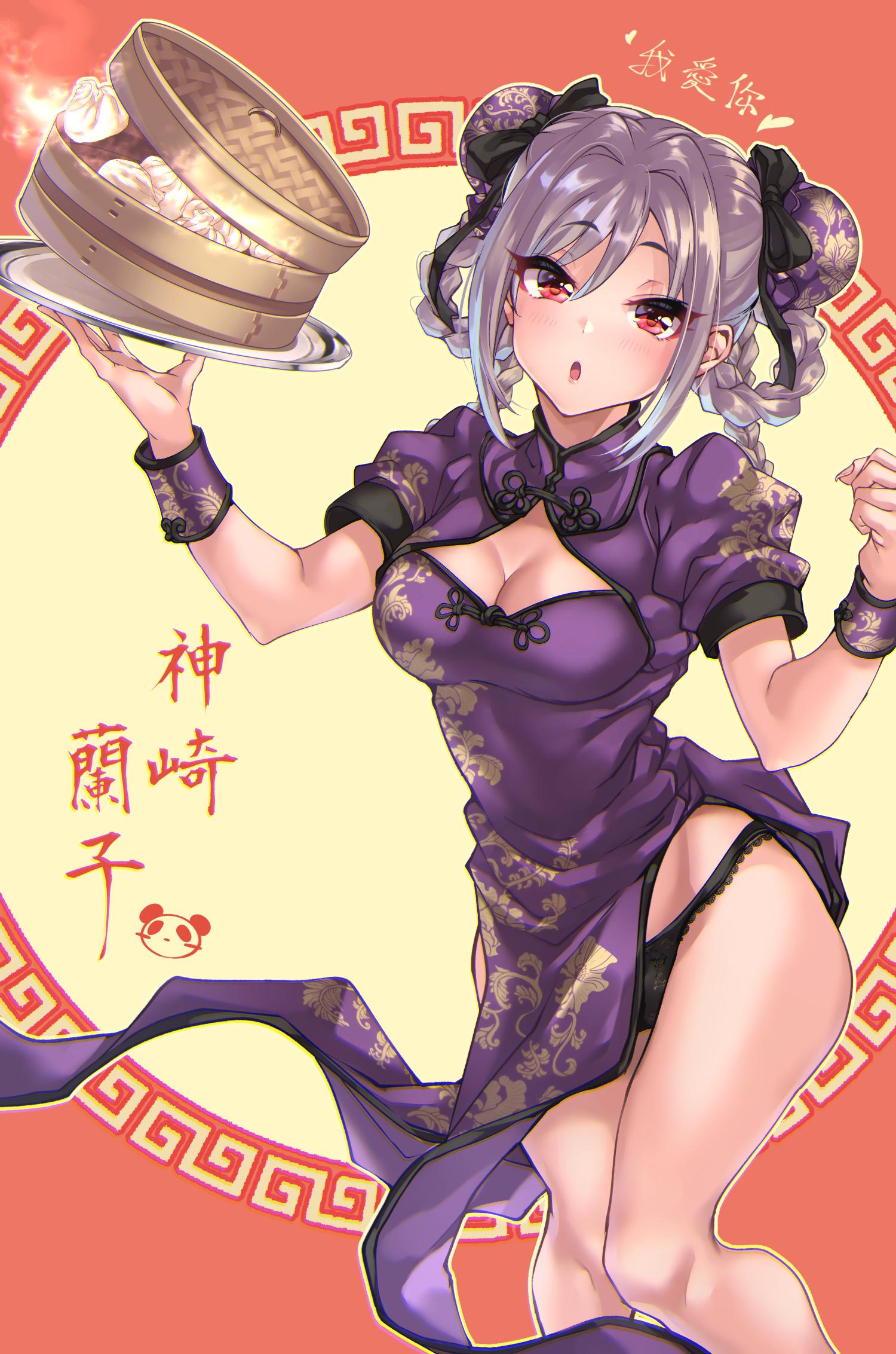 1girl alternate_hairstyle bamboo_steamer baozi black_panties black_ribbon blush bow braid braided_hair_rings breasts bun_cover character_name china_dress chinese_clothes chinese_text cleavage cleavage_cutout clenched_hand clothing_cutout commentary dot_nose double_bun dress floral_print food grey_hair hair_bow hair_bun hair_ribbon hands_up heart highres holding holding_tray idolmaster idolmaster_cinderella_girls idolmaster_cinderella_girls_starlight_stage kanzaki_ranko looking_at_viewer meandros medium_breasts open_mouth panda panties pantyshot pelvic_curtain print_dress purple_dress purple_wrist_cuffs red_eyes ribbon shashaki short_sleeves side_slit solo standing steam translated tray twin_braids twintails two-tone_background underwear