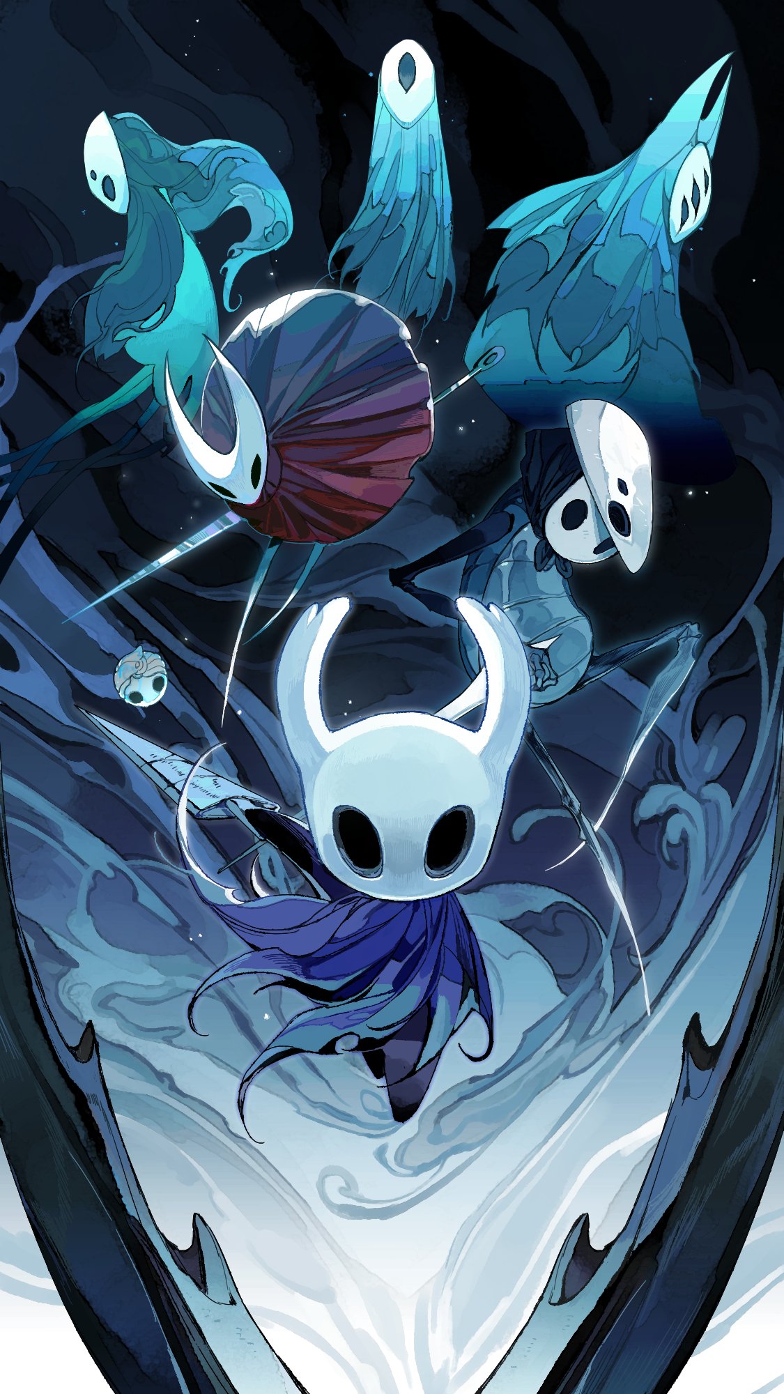 2boys 2others 3girls bug commentary commission darkdog dress floating herrah_(hollow_knight) highres holding holding_weapon hollow_knight hollow_knight_(character) hornet_(hollow_knight) knight_(hollow_knight) looking_at_viewer lurien_(hollow_knight) monomon_(hollow_knight) multiple_boys multiple_girls multiple_others nail_(hollow_knight) quirrel red_dress weapon white_mask