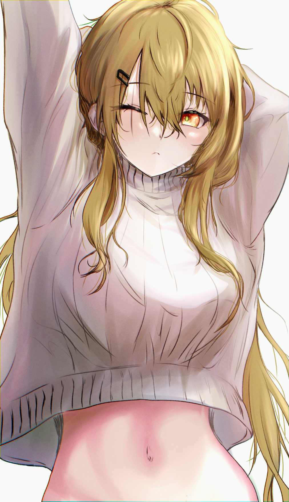 1girl arm_behind_head arms_up blush breasts closed_mouth commentary e20_(79324944) english_commentary girls'_frontline green_pupils hair_between_eyes hair_down hair_ornament hairclip highres large_breasts light_brown_hair light_frown long_hair long_sleeves looking_at_viewer navel one_eye_closed red_eyes ribbed_sweater scar scar_across_eye simple_background solo stomach sweater turtleneck ump9_(girls'_frontline) upper_body very_long_hair white_background white_sweater