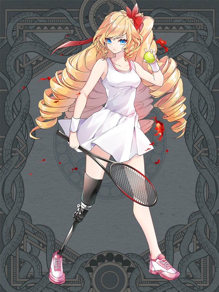 1girl ball blonde_hair blue_eyes bow breasts dairoku_ryouhei drill_hair full_body grey_background hair_bow holding holding_ball holding_tennis_racket jm_pbw long_hair looking_at_viewer medium_breasts prosthesis prosthetic_leg quad_drills racket red_bow shirt shoes skirt sneakers solo standing tennis_racket very_long_hair white_shirt white_skirt