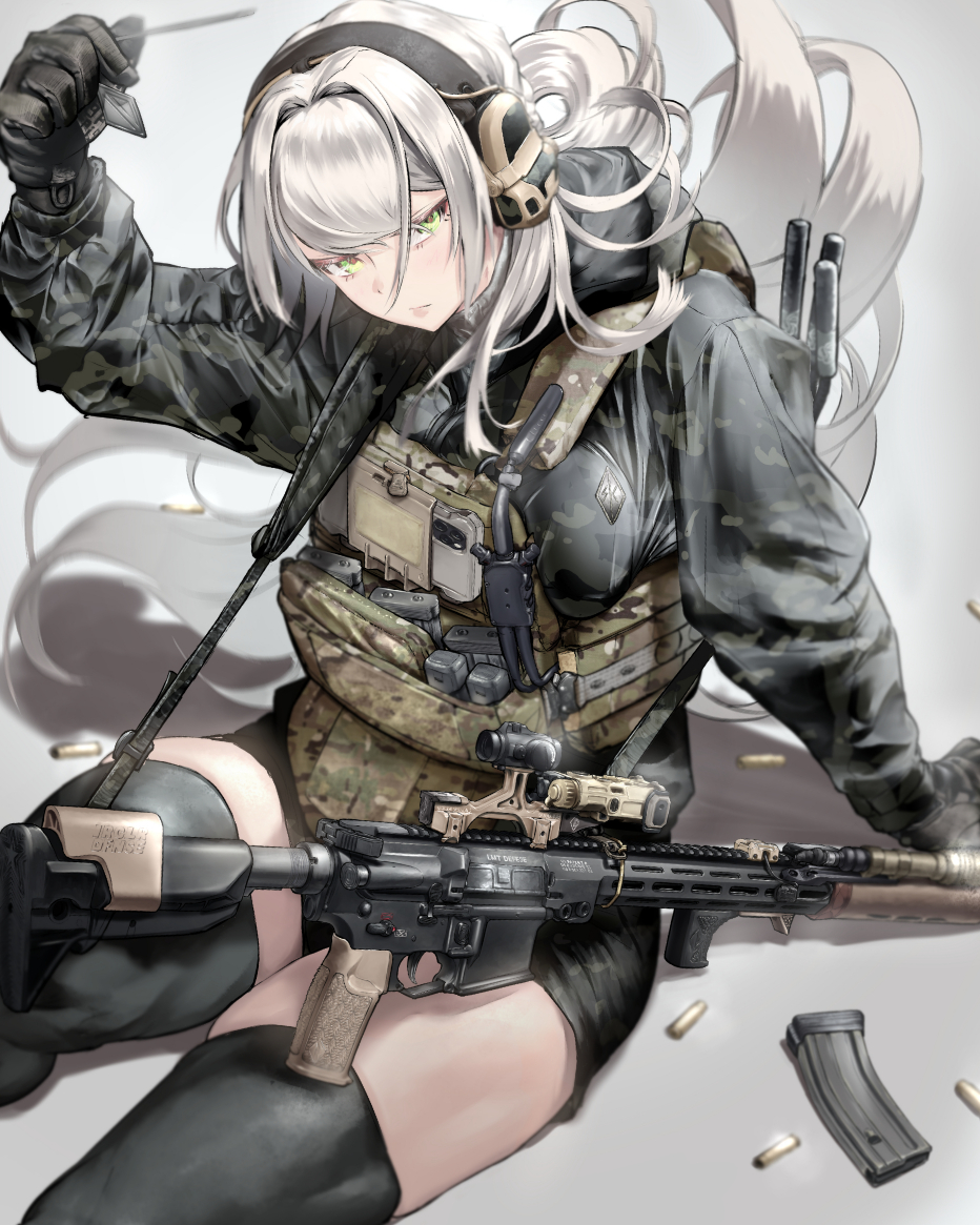 1girl ammunition ammunition_pouch ar-15 arm_support arm_up black_gloves black_jacket breasts duplicate flashlight gloves green_eyes gun gun_sling headset jacket large_breasts long_hair magazine_(weapon) peq phone pixel-perfect_duplicate plate_carrier pouch red_dot_sight rifle shade shorts suppressor tactical_clothes thighhighs thighs utsucan very_long_hair weapon white_background white_hair
