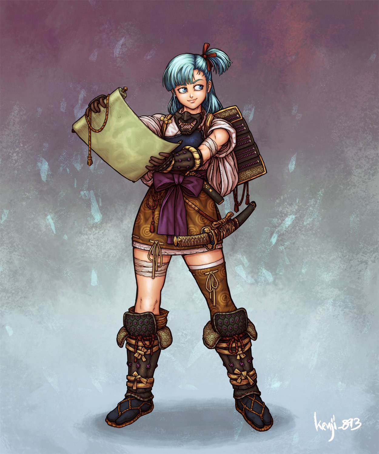 1girl alternate_costume armor artist_name asymmetrical_legwear bandaged_arm bandaged_leg bandages blue_eyes blue_hair bulma closed_mouth dragon_ball dragon_ball_(classic) facing_viewer gloves guillem_dauden highres holding holding_scroll japanese_armor japanese_clothes kote looking_to_the_side mask mask_around_neck medium_bangs mouth_mask muneate samurai sash scroll sheath sheathed shoulder_armor side_ponytail simple_background single_sode sleeves_rolled_up smile sode solo suneate sword tabi waraji weapon