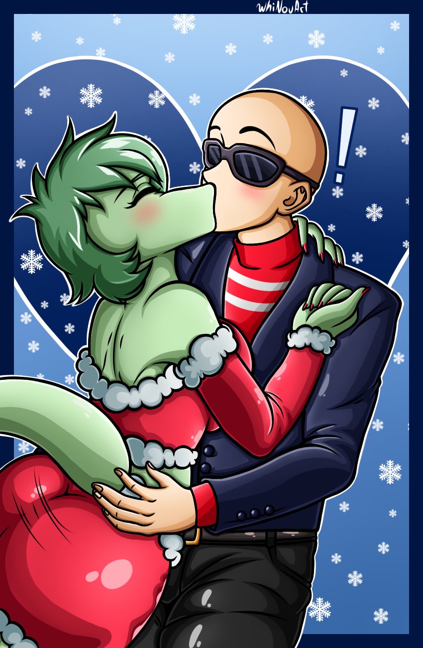 &lt;3 5_fingers anthro bald baryonyx belt blush bottomwear breast_squish breasts butt christmas christmas_clothing clothing colored colored_nails detailed_background dinosaur duo eyes_closed eyewear female female_anthro female_on_human fingers fist fur_trim_(clothing) green_body green_hair green_scales hair hand_on_back hand_on_hip hi_res holidays human human_on_anthro i_wani_hug_that_gator inco_(iwhtg) interspecies jacket kiss_on_lips long_tail low_cut_shirt male male/female male_on_anthro mammal nails obstructed_eyes olivia_(iwhtg) pants red_nails reptile scales scalie shirt snowflake spinosaurid squish sunglasses tail theropod topwear whinouart