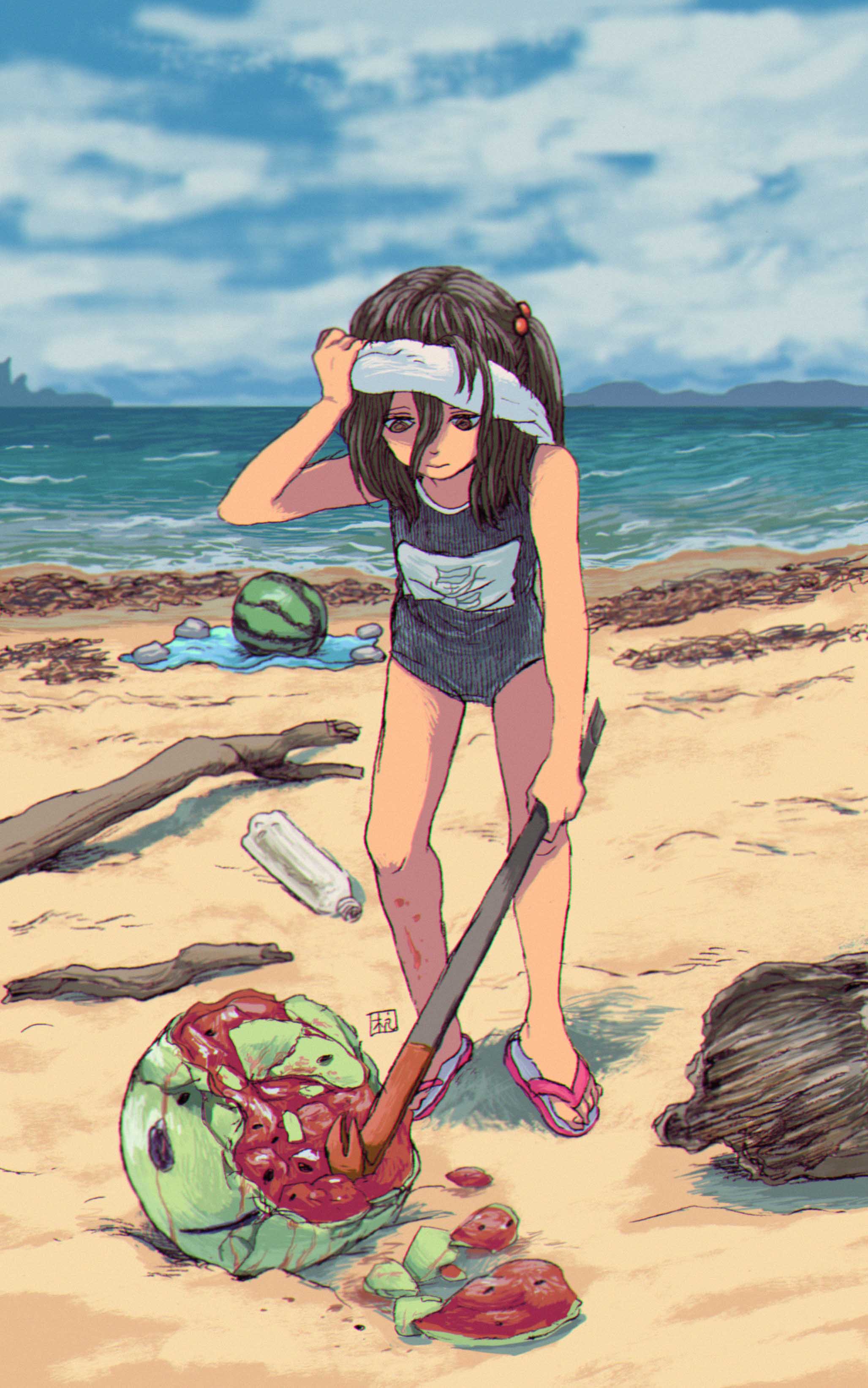 1girl absurdres artist_logo beach black_hair blindfold blue_one-piece_swimsuit blue_sky brown_eyes closed_mouth cloud cloudy_sky commentary_request day driftwood expressionless flip-flops food fruit hair_between_eyes hair_bobbles hair_ornament hand_up highres holding_crowbar horizon long_bangs long_hair looking_at_object looking_down ocean one-piece_swimsuit one_side_up original outdoors plastic_bottle removing_blindfold sandals school_swimsuit sky solo standing suikawari summer swimsuit tarpaulin ttanne watermelon