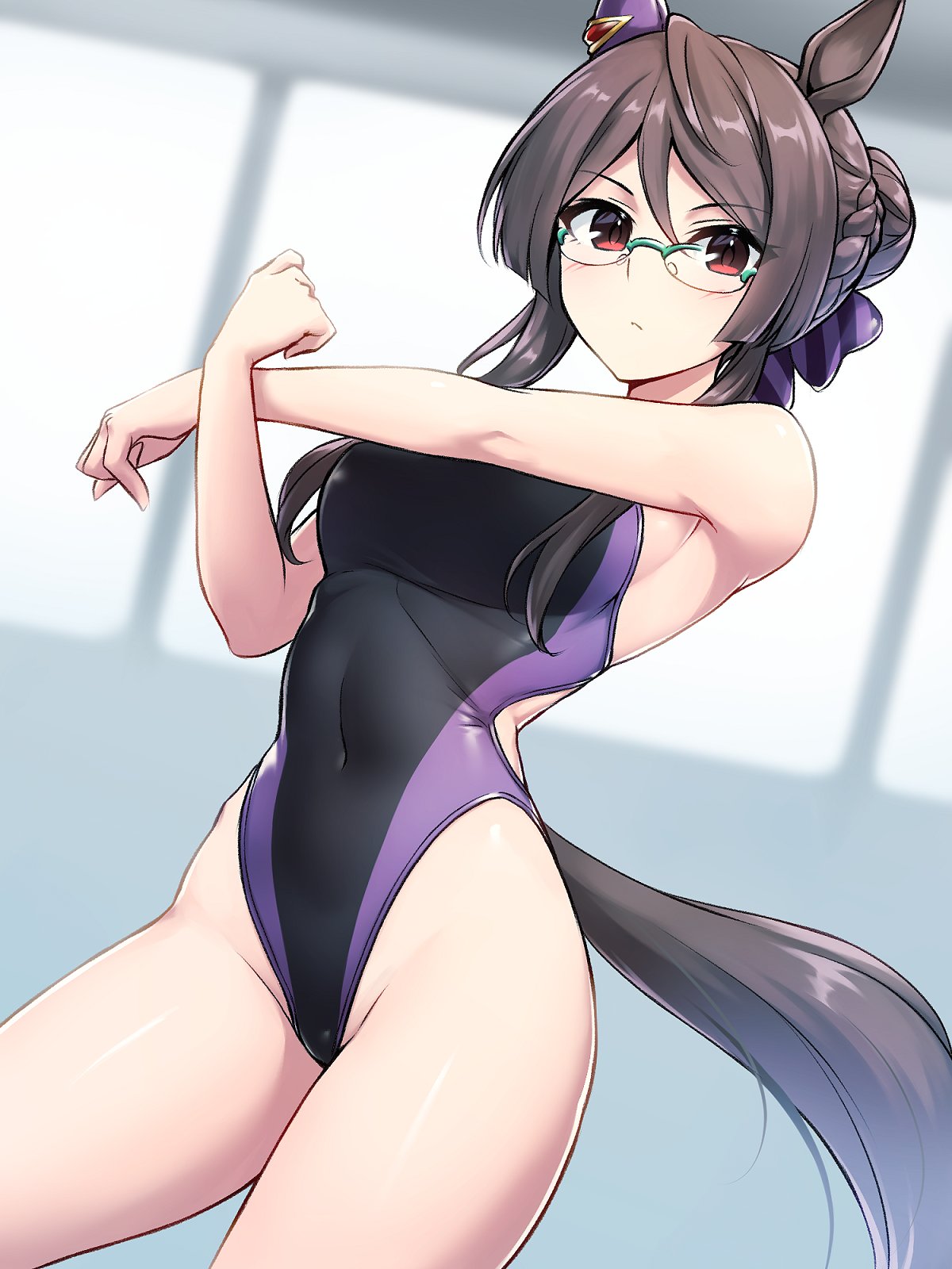 1girl alternate_costume animal_ears bare_shoulders black_hair black_one-piece_swimsuit breasts brown_eyes commentary_request cowboy_shot dutch_angle hair_bun highleg highleg_swimsuit highres horse_ears horse_girl horse_tail looking_at_viewer medium_breasts medium_hair one-piece_swimsuit pataneet royce_and_royce_(umamusume) semi-rimless_eyewear sidelocks simple_background solo stretching swimsuit tail two-tone_swimsuit umamusume white_background window