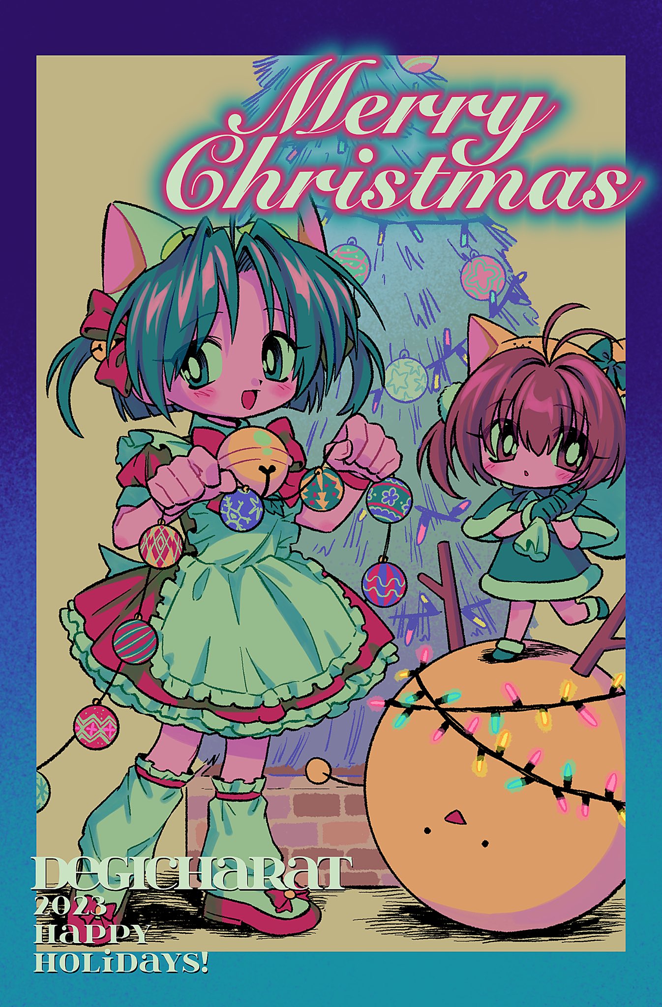 2023 2girls :d :o ahoge animal_ears animal_hat antlers apron bell blue_border blush border bow bright_pupils brown_eyes brown_hair capelet cat_ears cat_hat christmas_lights christmas_ornaments christmas_tree collared_dress colored_skin dejiko di_gi_charat dress eyes_visible_through_hair film_grain frilled_apron frills full_body fur-trimmed_capelet fur-trimmed_dress fur-trimmed_footwear fur_trim gema gradient_border green_capelet green_dress green_eyes green_footwear green_hair hair_bell hair_bow hair_ornament hat headband highres holding holding_sack leg_up looking_at_viewer menma_(enaic31) merry_christmas multiple_girls neck_bell open_mouth paw_pose pink_skin pom_pom_(clothes) puchiko puffy_short_sleeves puffy_sleeves purple_border red_bow red_dress red_footwear sack santa_costume santa_dress shoes short_hair short_sleeves simple_background smile socks standing white_apron white_headwear white_pupils white_socks wing_collar yellow_background yellow_headband