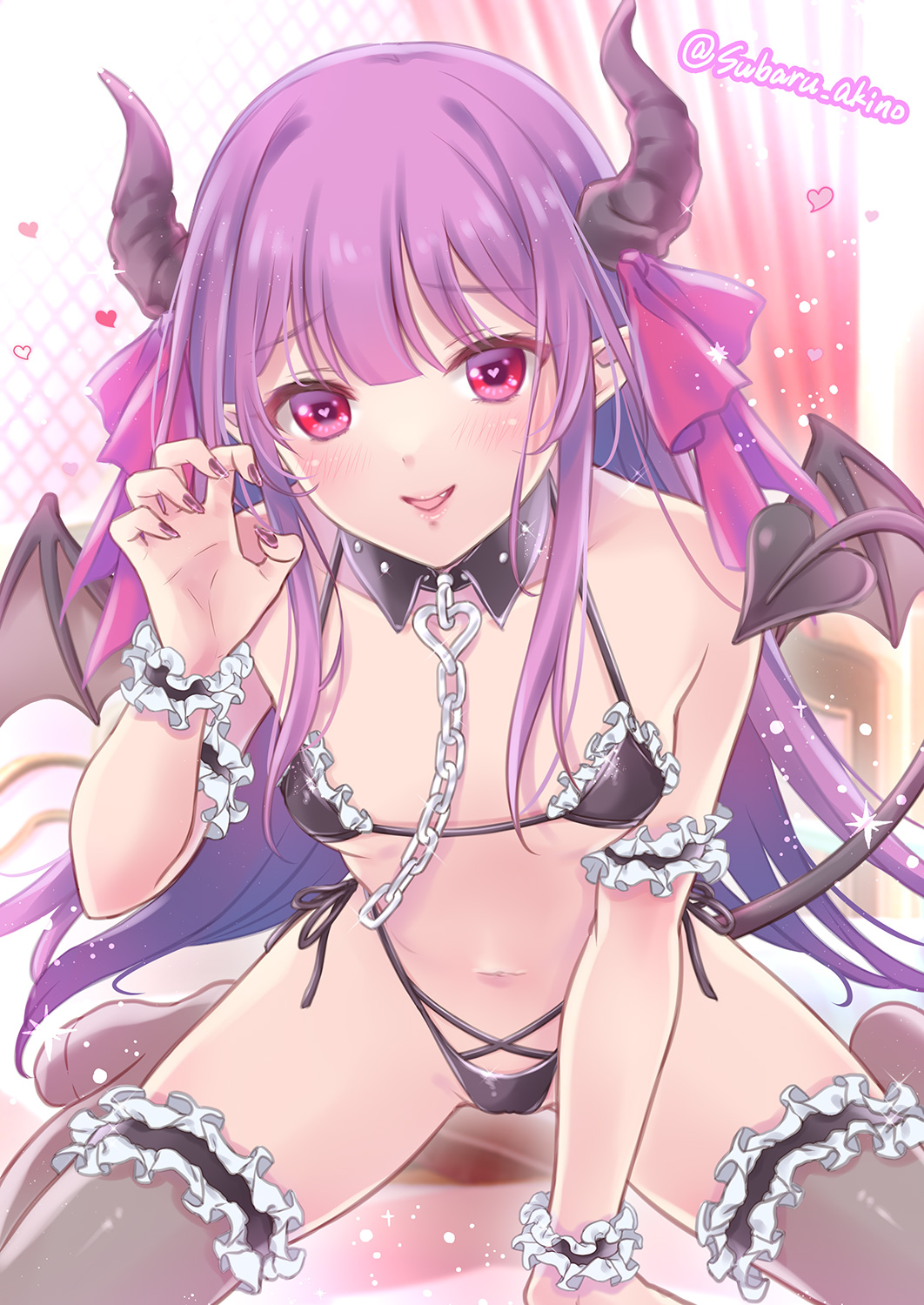 1girl akino_subaru arm_support aroused bare_shoulders black_bra black_nails black_panties black_thighhighs blunt_bangs blush bra breasts chain claw_pose commentary_request commission demon_girl demon_horns demon_tail demon_wings detached_collar eyelashes fang fingernails frilled_bra frilled_thighhighs frilled_wrist_cuffs frills hair_ribbon heart heart-shaped_pupils highleg highleg_panties highres horns indoors knees_out_of_frame leaning_forward long_fingernails long_hair looking_at_viewer navel no_shoes open_mouth original panties purple_hair red_eyes red_ribbon ribbon side-tie_panties sidelocks sitting skeb_commission small_breasts smile solo sparkle symbol-shaped_pupils tail tail_raised thighhighs twitter_username underwear very_long_hair wariza wings