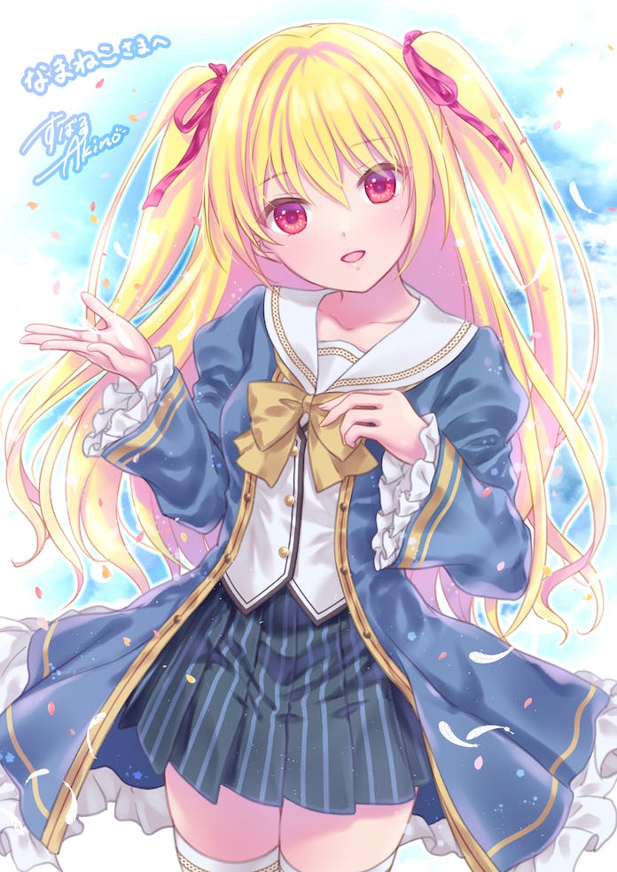 1girl akino_subaru alternate_costume black_skirt blonde_hair blue_background blue_dress blush bow colored_eyelashes commentary_request commission confetti cowboy_shot dress eyelashes eyes_visible_through_hair floating_hair frilled_dress frilled_sleeves frills hair_between_eyes hair_ribbon hands_up head_tilt irotoridori_no_sekai juliet_sleeves long_hair long_sleeves looking_at_viewer miniskirt nikaidou_shinku open_clothes open_dress open_hand open_mouth pleated_skirt puffy_sleeves red_eyes red_ribbon ribbon sailor_collar shirt signature simple_background skeb_commission skirt smile solo standing thighhighs two_side_up very_long_hair white_sailor_collar white_shirt white_thighhighs wide_sleeves yellow_bow zettai_ryouiki