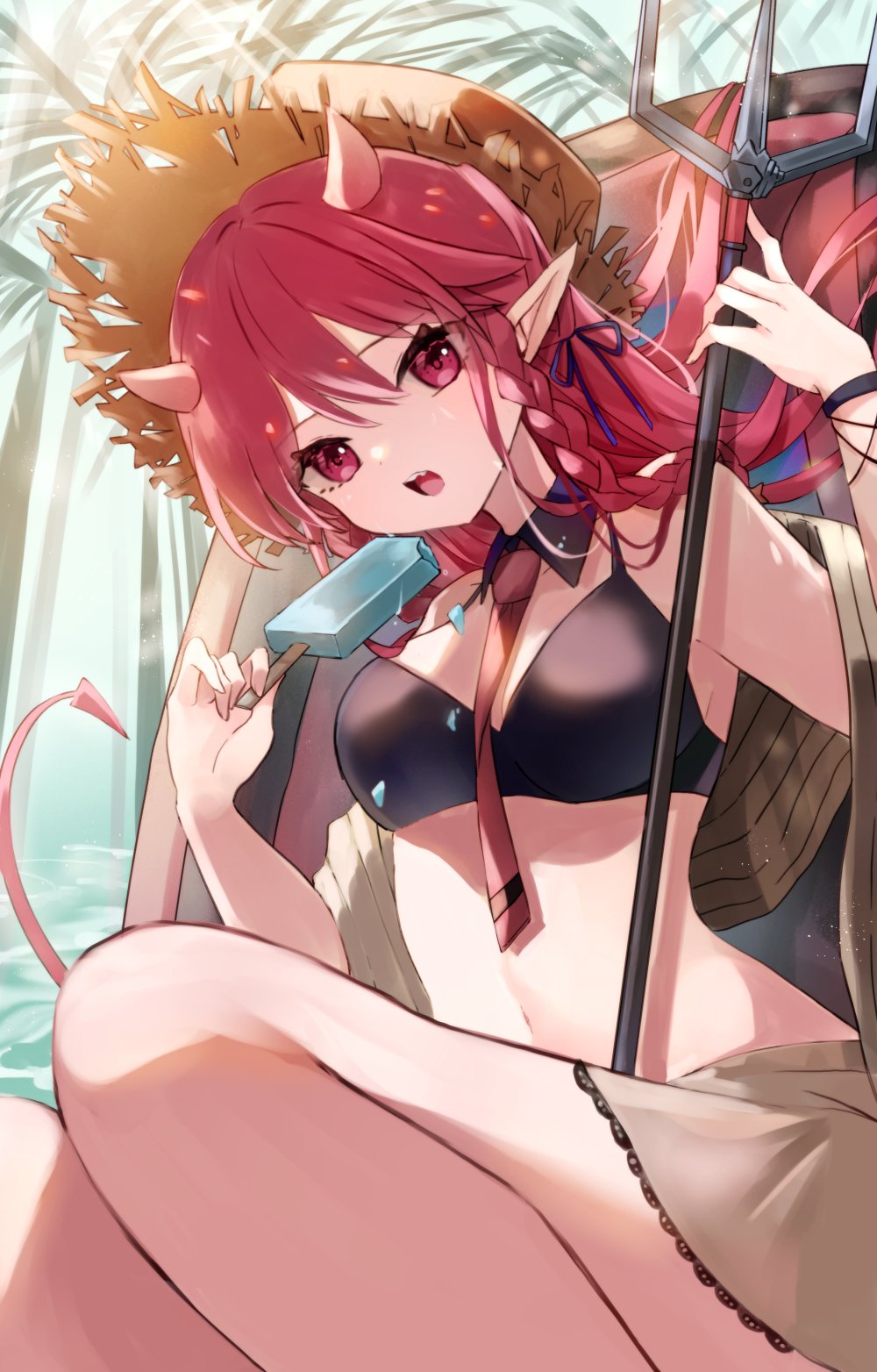 1girl arknights bare_shoulders bikini black_bikini braid breasts brown_headwear commentary_request demon_girl demon_horns demon_tail feet_out_of_frame food hair_between_eyes hat highres holding holding_food holding_polearm holding_weapon horns long_hair medium_breasts navel palm_tree pointy_ears polearm popsicle red_eyes red_hair saiko_(saisaka) solo straw_hat swimsuit tail tree trident very_long_hair vigna_(arknights) vigna_(casual_vacation)_(arknights) weapon