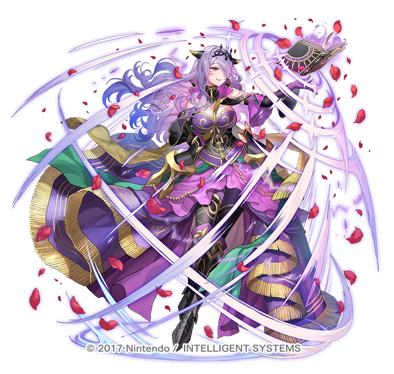 1girl armor bare_shoulders book breasts camilla_(alluring_darkness)_(fire_emblem) camilla_(fire_emblem) cleavage copyright_name detached_sleeves dress fire_emblem fire_emblem_fates fire_emblem_heroes floating floating_book floating_object frilled_dress frills full_body gloves hair_over_one_eye large_breasts long_hair looking_at_viewer magic official_alternate_costume okuma_mai pantyhose purple_eyes purple_gloves purple_hair purple_pantyhose smile solo tiara very_long_hair wavy_hair