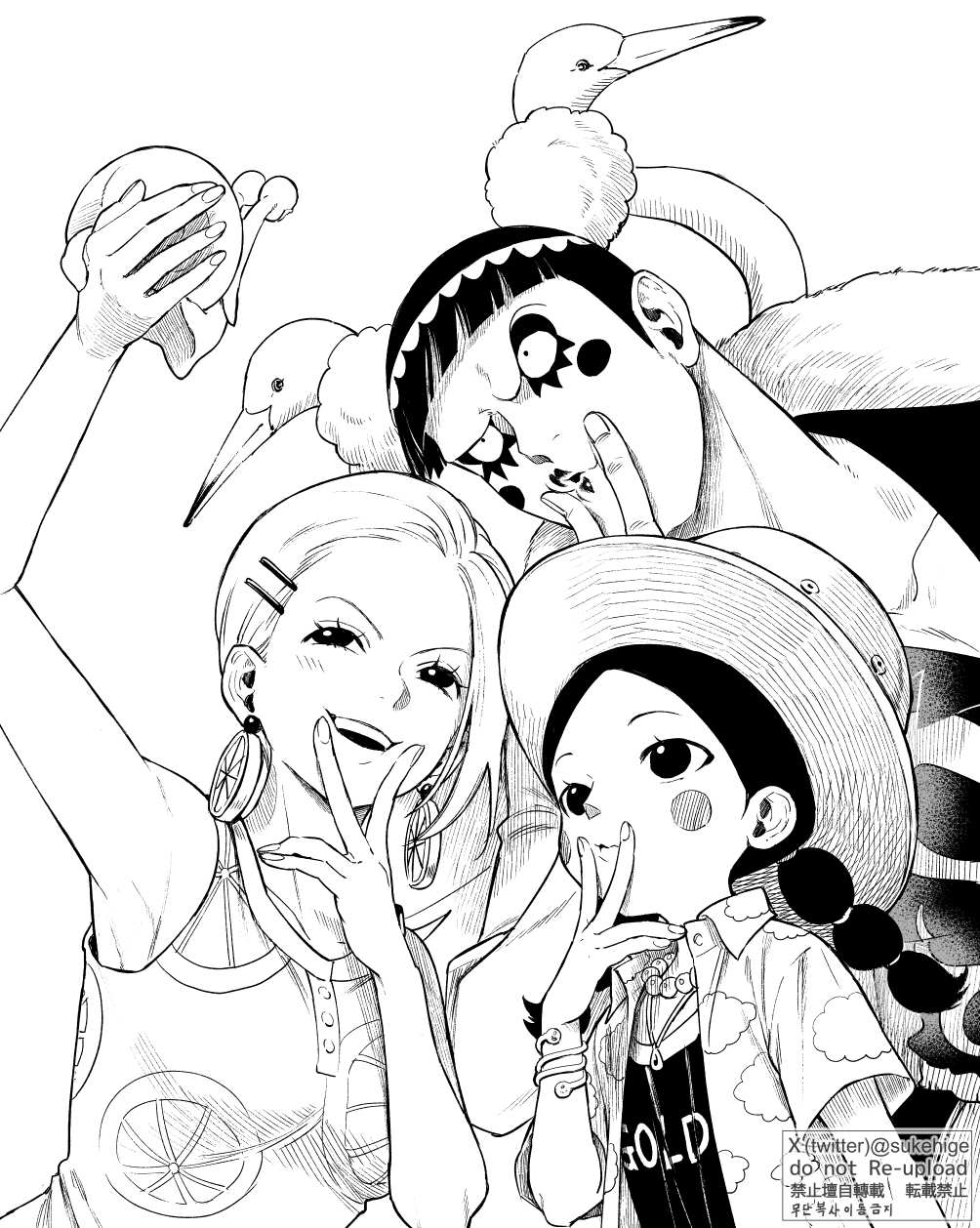 1boy 2girls bare_arms bird bon_clay bowl_cut camera character_request eyeshadow friends goose greyscale happy hat highres holding holding_camera makeup monochrome multiple_girls one_piece puckered_lips selfie snail straw_hat sukehige uneven_eyes upper_body v