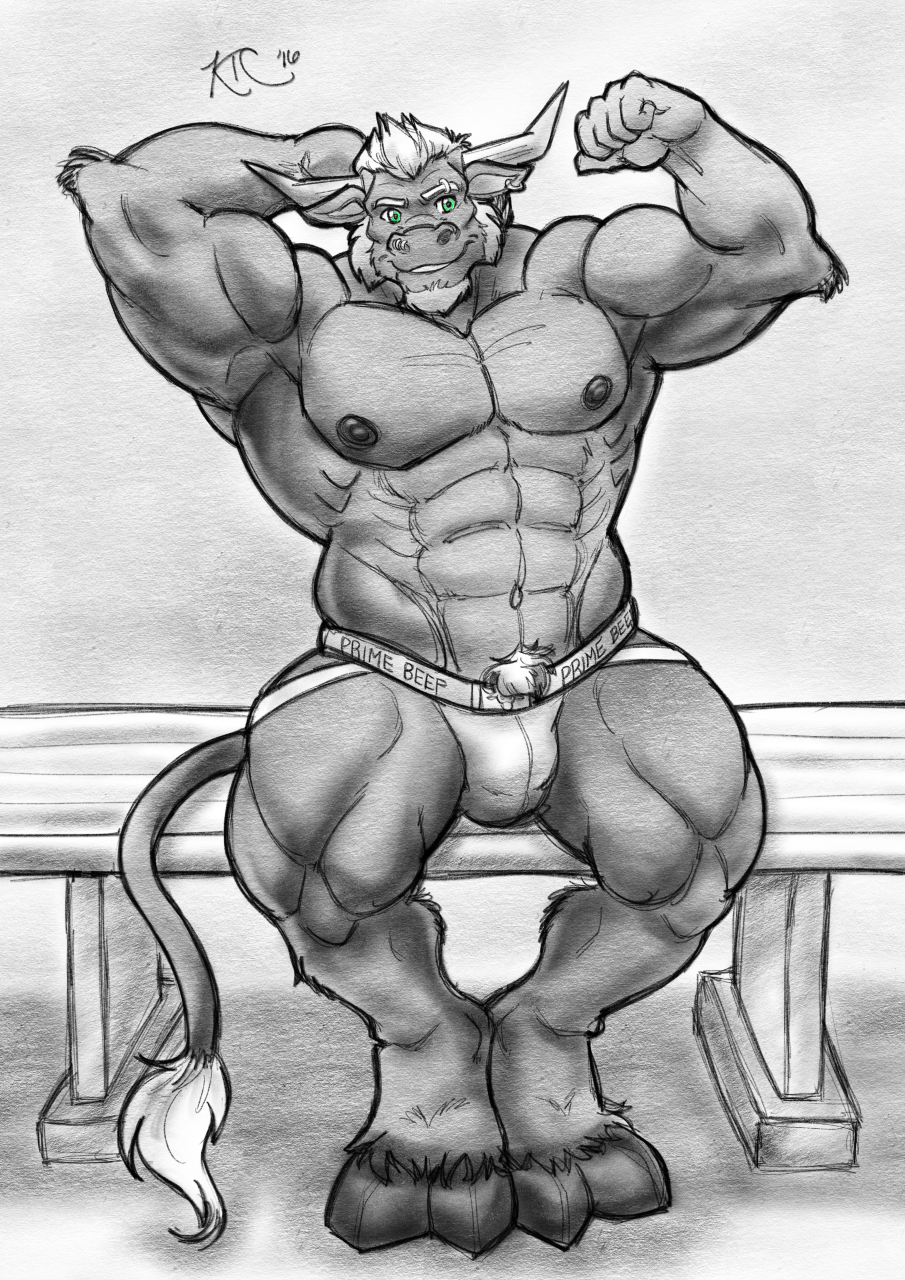 armpits bench biceps bovine bulge clothing facial_hair green_eyes hair hand_behind horn invalid_tag kensukethecat male mammal mehawk muscular pubes sitting smile solo tauren tuft underwear video_games warcraft white_hair