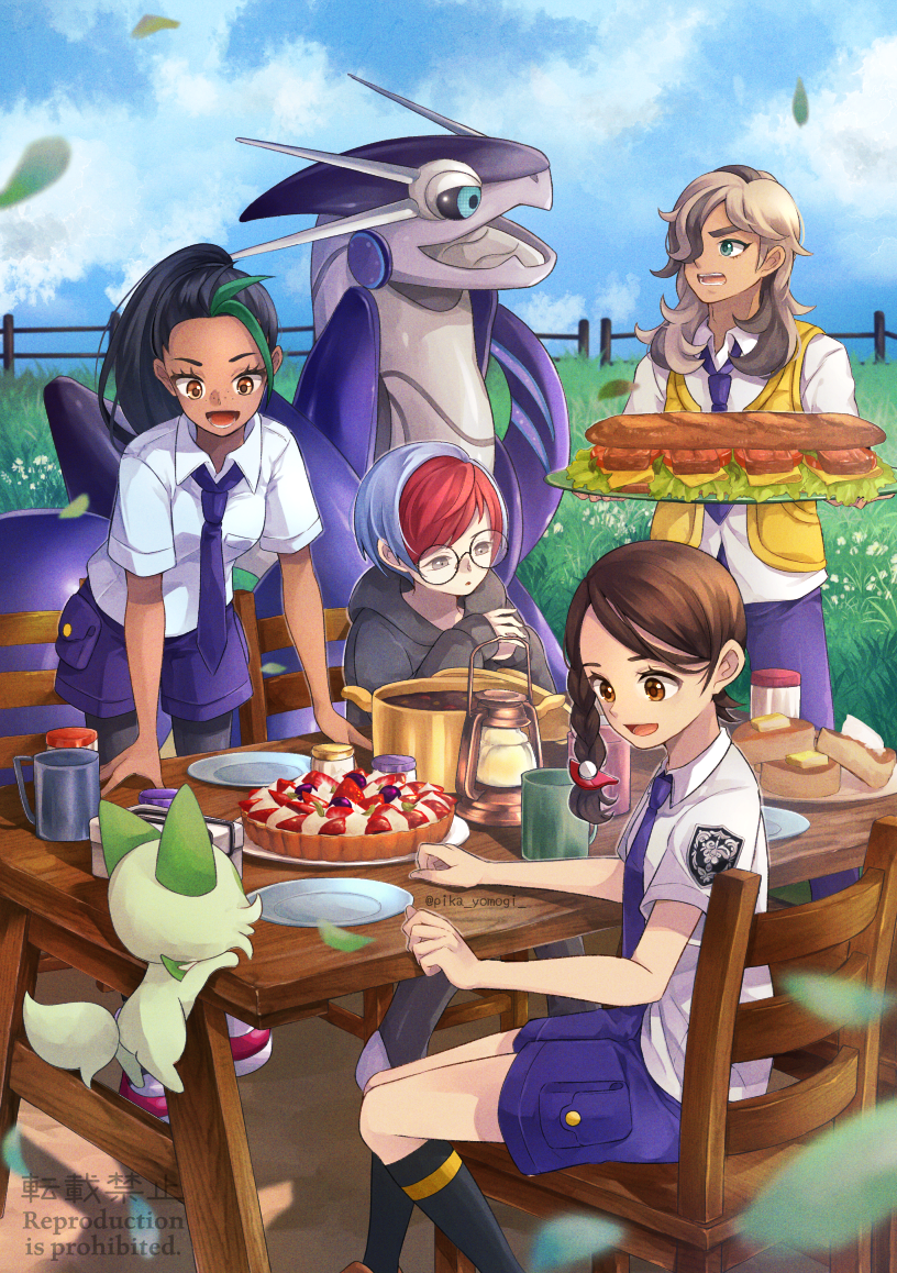 1boy 3girls arven_(pokemon) black_socks chair cloud collared_shirt commentary_request cooking_pot cup day falling_leaves food juliana_(pokemon) lantern leaf logo miraidon multiple_girls necktie nemona_(pokemon) outdoors penny_(pokemon) plate pokemon pokemon_(creature) pokemon_sv purple_necktie purple_shorts sandwich school_uniform shirt short_sleeves shorts sitting sky socks sprigatito table white_shirt yomogi_(black-elf)