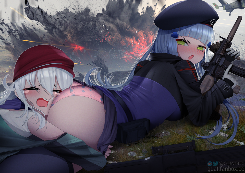 2girls aircraft animal_print assault_rifle closed_eyes clothes_lift crying explosion g11_(girls'_frontline) gdat girls'_frontline green_eyes grey_hair gun h&amp;k_g11 h&amp;k_hk416 head_on_ass helicopter hk416_(girls'_frontline) holding holding_gun holding_weapon long_hair looking_at_another lying multiple_girls on_stomach panties pantyshot pleated_skirt print_panties rifle scarf_on_head skirt skirt_lift teardrop teardrop_facial_mark teardrop_tattoo tears trigger_discipline underwear weapon white_panties