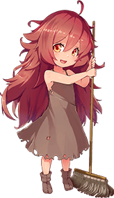 1girl artist_request bare_shoulders brown_dress brown_footwear dress full_body game_cg hair_between_eyes holding holding_mop long_hair lowres messy_hair monster_musume_no_iru_nichijou monster_musume_no_iru_nichijou_online mop official_art red_hair solo spaghetti_strap tachi-e torn_clothes torn_dress transparent_background unyi_(monster_musume)