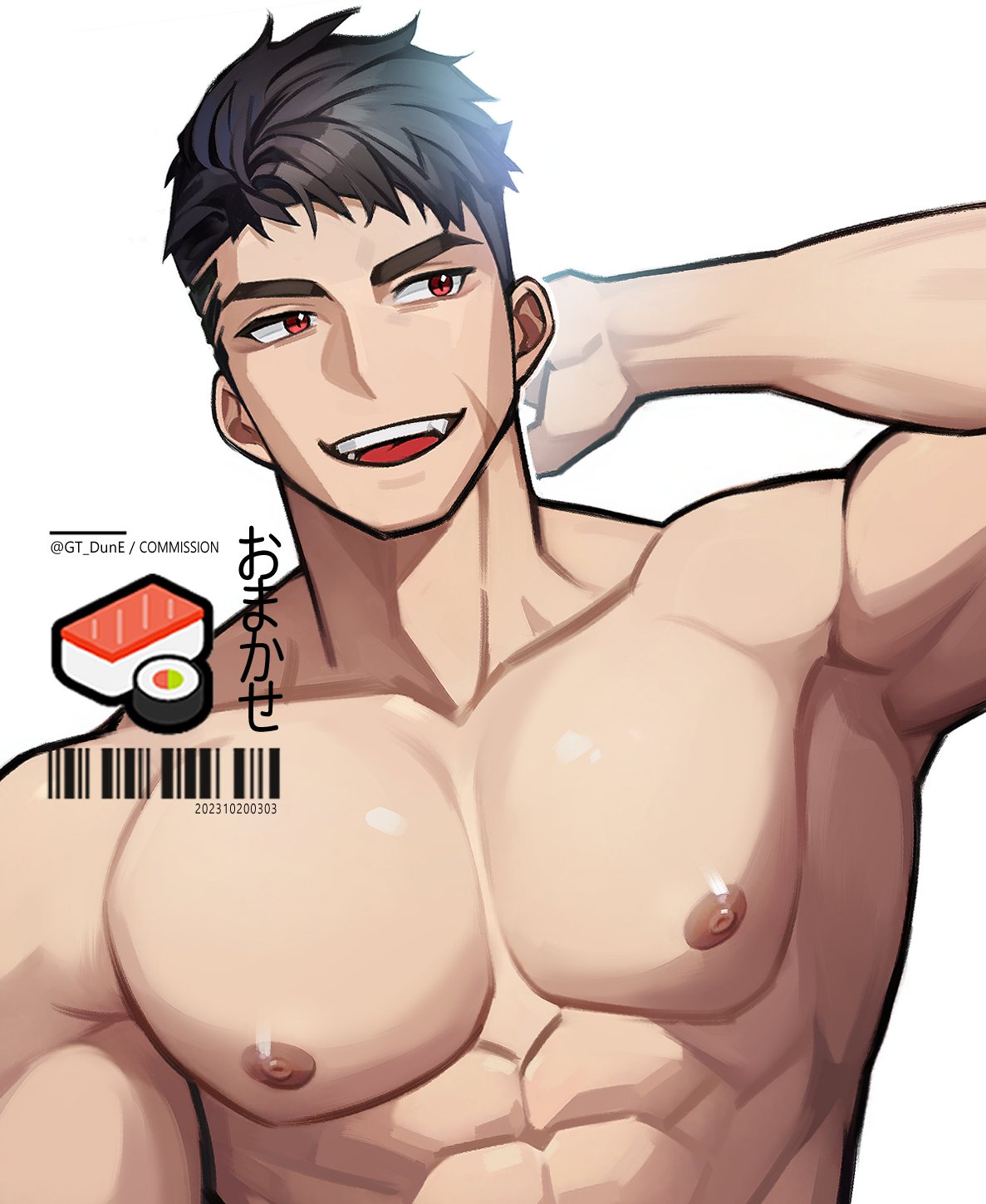 1boy abs arm_behind_head armpits bara barcode black_hair fang food gt_dune highres large_pectorals looking_to_the_side male_focus muscular muscular_male nipples nude open_mouth original pectorals red_eyes scar scar_on_cheek scar_on_face short_hair simple_background smile solo sushi teeth tongue twitter_username undercut upper_body white_background