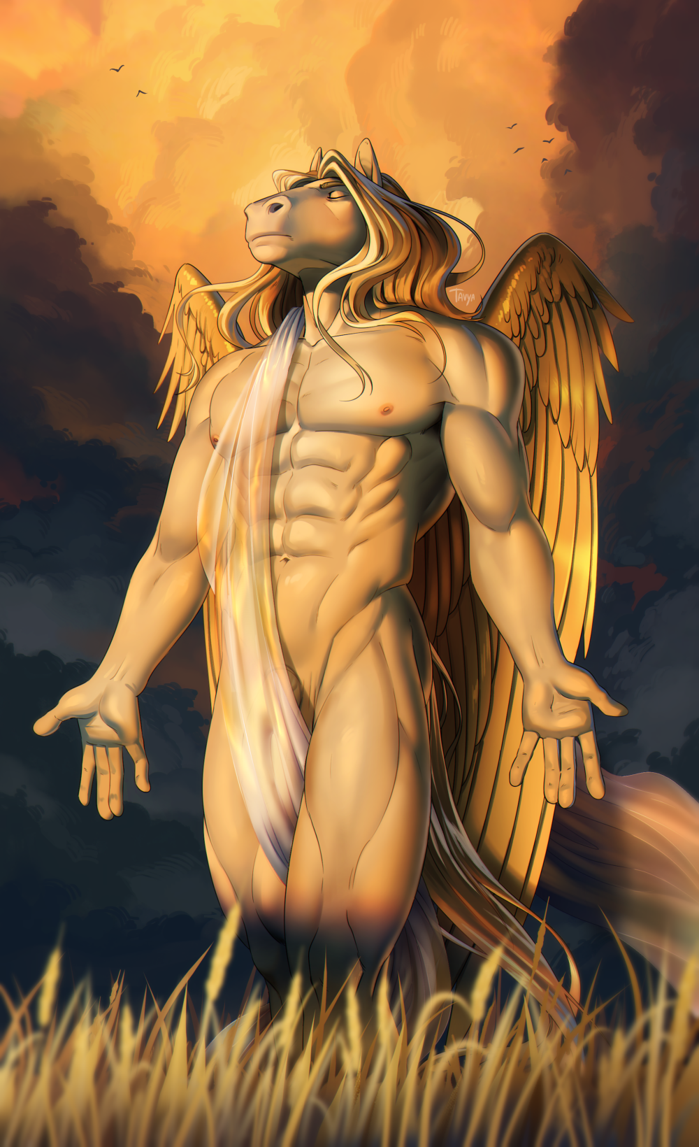 5_fingers abs anthro barely_visible_genitalia barely_visible_penis biped equid equine eyebrows feathered_wings feathers fingers genitals hair hi_res male mammal pecs pegasus penis plant tail tavyapl wings