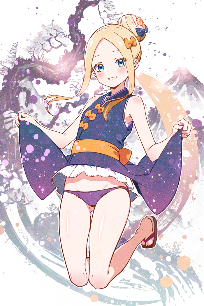 1girl abigail_williams_(fate) ass_visible_through_thighs bare_arms bare_shoulders black_bow black_dress black_footwear blonde_hair blue_eyes blush bow commentary_request dress fate/grand_order fate_(series) forehead full_body grin groin hair_bow hair_bun hanagata_kai looking_at_viewer orange_bow panties parted_bangs polka_dot polka_dot_bow purple_panties sidelocks sleeveless sleeveless_dress smile solo underwear white_background zouri