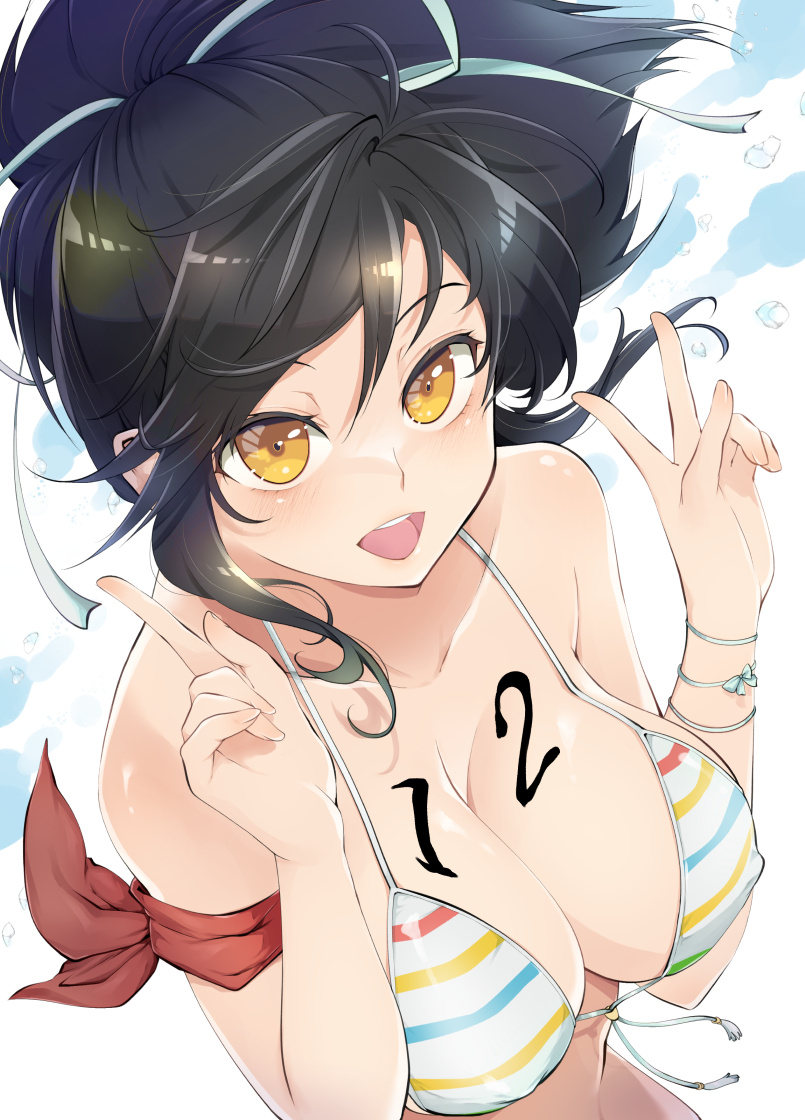 1girl arm_scarf armpit_crease asuka_(senran_kagura) bare_shoulders bikini black_hair blush breast_tattoo breasts brown_eyes cleavage collarbone covered_nipples fingernails front-tie_bikini_top front-tie_top hair_between_eyes hair_ribbon kinako_(mzknk0) large_breasts looking_at_viewer multicolored_bikini multicolored_clothes multicolored_stripes open_mouth pointing ponytail rainbow_bikini red_scarf ribbon scarf senran_kagura senran_kagura_shoujo-tachi_no_shin'ei shiny_skin short_hair short_ponytail sidelocks simple_background smile solo striped striped_bikini swimsuit tattoo teeth tongue upper_body upper_teeth_only v water water_drop white_background white_ribbon wristband