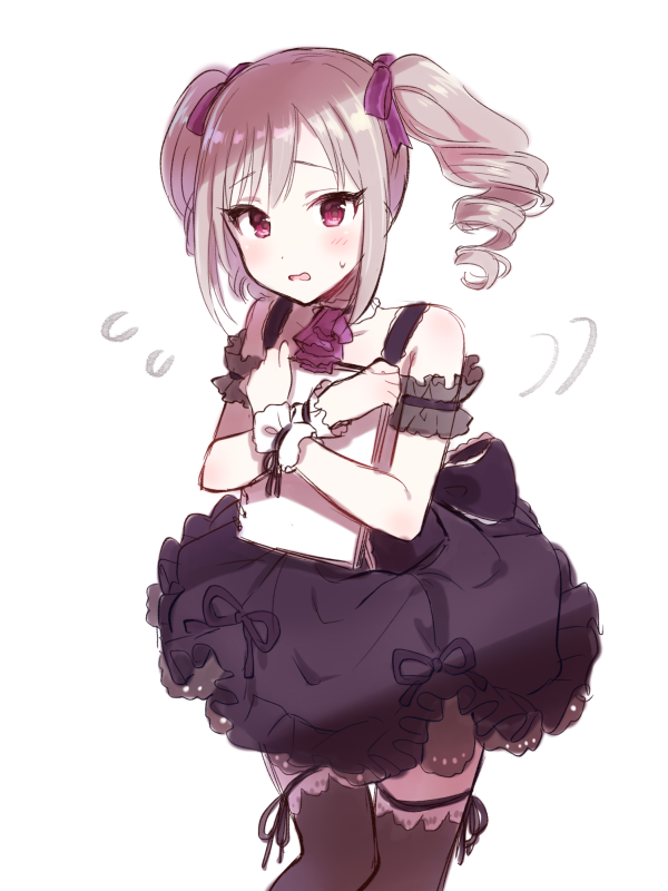 1girl arm_scrunchie ascot bare_shoulders black_dress blue21 blush bow breasts collarbone cowboy_shot dot_nose dress drill_hair flying_sweatdrops grey_hair grey_scrunchie grey_thighhighs hair_bow hair_ribbon hands_up holding holding_sketchbook idolmaster idolmaster_cinderella_girls idolmaster_cinderella_girls_starlight_stage kanzaki_ranko long_hair looking_at_viewer medium_breasts motion_lines open_mouth purple_ascot purple_ribbon red_eyes ribbon scrunchie simple_background sketchbook sleeveless sleeveless_dress solo standing sweatdrop thighhighs twin_drills twintails white_background