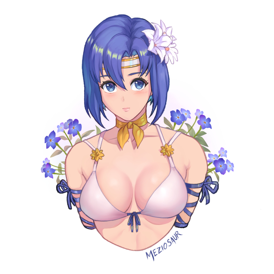 1girl alternate_costume artist_name bikini blue_eyes blue_hair breasts catria_(fire_emblem) cleavage closed_mouth collarbone fire_emblem fire_emblem:_mystery_of_the_emblem fire_emblem:_shadow_dragon_and_the_blade_of_light flower hair_flower hair_ornament large_breasts lips looking_at_viewer meziosaur short_hair simple_background solo swimsuit upper_body white_background white_bikini