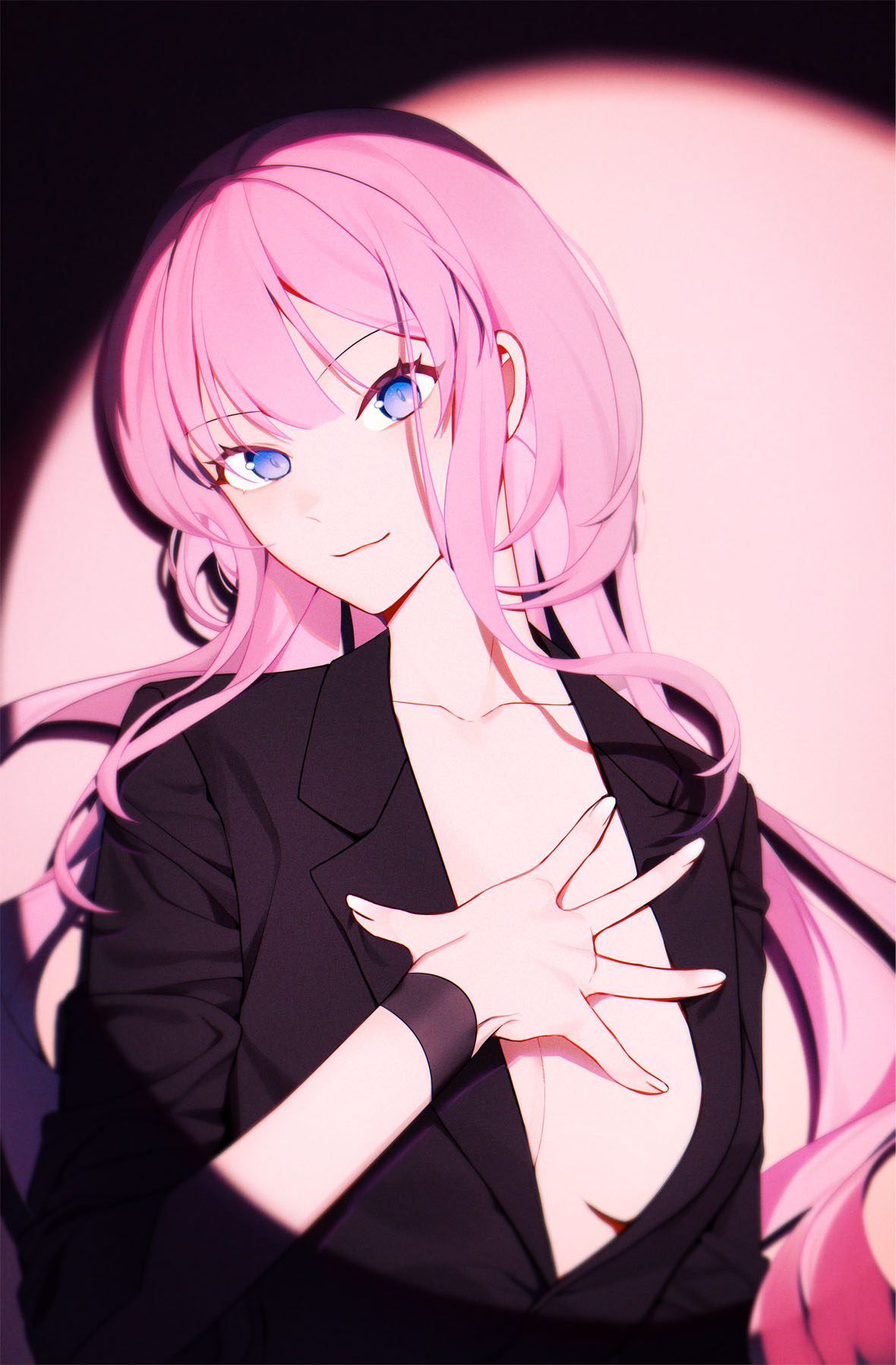 1girl black_jacket black_wristband blue_eyes breasts cleavage closed_mouth collarbone gahi hand_on_own_chest highres jacket lapels long_hair looking_at_viewer medium_breasts no_bra notched_lapels original pant_suit pants pink_hair sidelocks solo spotlight standing suit suit_jacket upper_body wristband