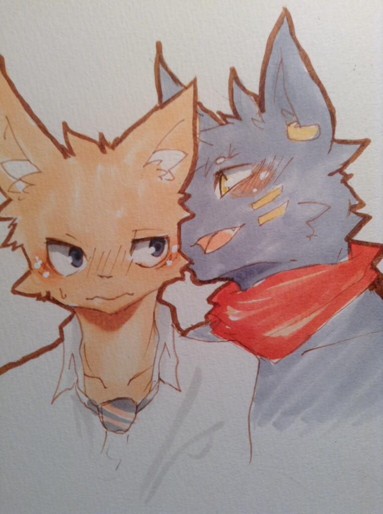 2014 anthro blush canid canine canis clothing duo kemono kemorau male mammal marker_(artwork) open_mouth red_scarf scarf shirt topwear traditional_media_(artwork) whispering white_clothing white_shirt white_topwear wolf yellow_eyes