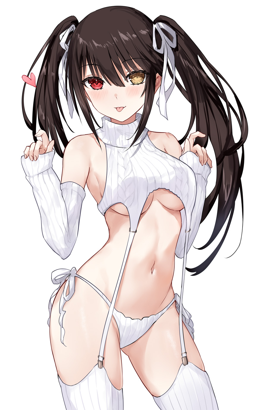 1girl :p asle asymmetrical_hair bare_shoulders black_hair breasts clock_eyes commentary cowboy_shot date_a_live detached_sleeves hands_up heart heterochromia highres looking_at_viewer medium_breasts meme_attire mismatched_pupils navel panties red_eyes simple_background solo stomach sweater symbol-shaped_pupils tokisaki_kurumi tongue tongue_out turtleneck turtleneck_sweater twintails underboob underwear virgin_destroyer_sweater white_background white_panties yellow_eyes