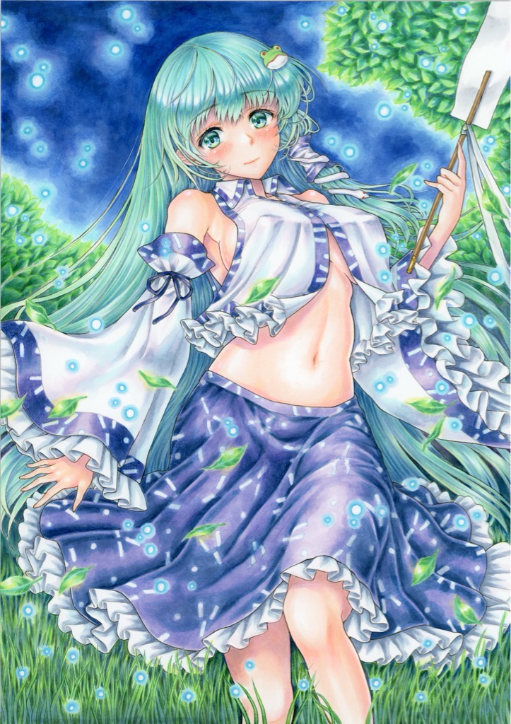 1girl blue_background blue_skirt blush breasts closed_mouth detached_sleeves feet_out_of_frame frilled_skirt frills frog_hair_ornament gohei grass green_background green_eyes green_hair hair_ornament head_tilt holding holding_gohei kochiya_sanae light_smile looking_at_viewer marker_(medium) medium_breasts mikeko_(user_zntg7852) navel open_clothes open_shirt outdoors shirt skirt sleeve_ribbon snake_hair_ornament solo touhou traditional_media white_shirt wide_sleeves