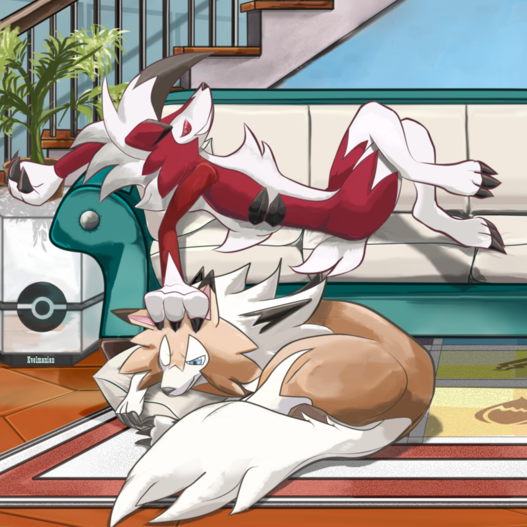 artist_name claws couch crossed_legs evelmanian furry gen_7_pokemon lycanroc lying no_humans petting pillow plant poke_ball_symbol pokemon pokemon_(creature) potted_plant rug wolf