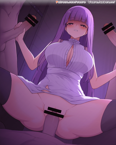 1girl 3boys animated animated_gif bar_censor breasts censored cleavage clenched_teeth clothed_female_nude_male dress fern_(sousou_no_frieren) gangbang girl_on_top group_sex hetero large_breasts long_hair multiple_boys no_panties nude penis penis_grab purple_eyes purple_hair sex sleeveless sleeveless_dress solo_focus sousou_no_frieren teeth thighhighs vaginal waero white_dress
