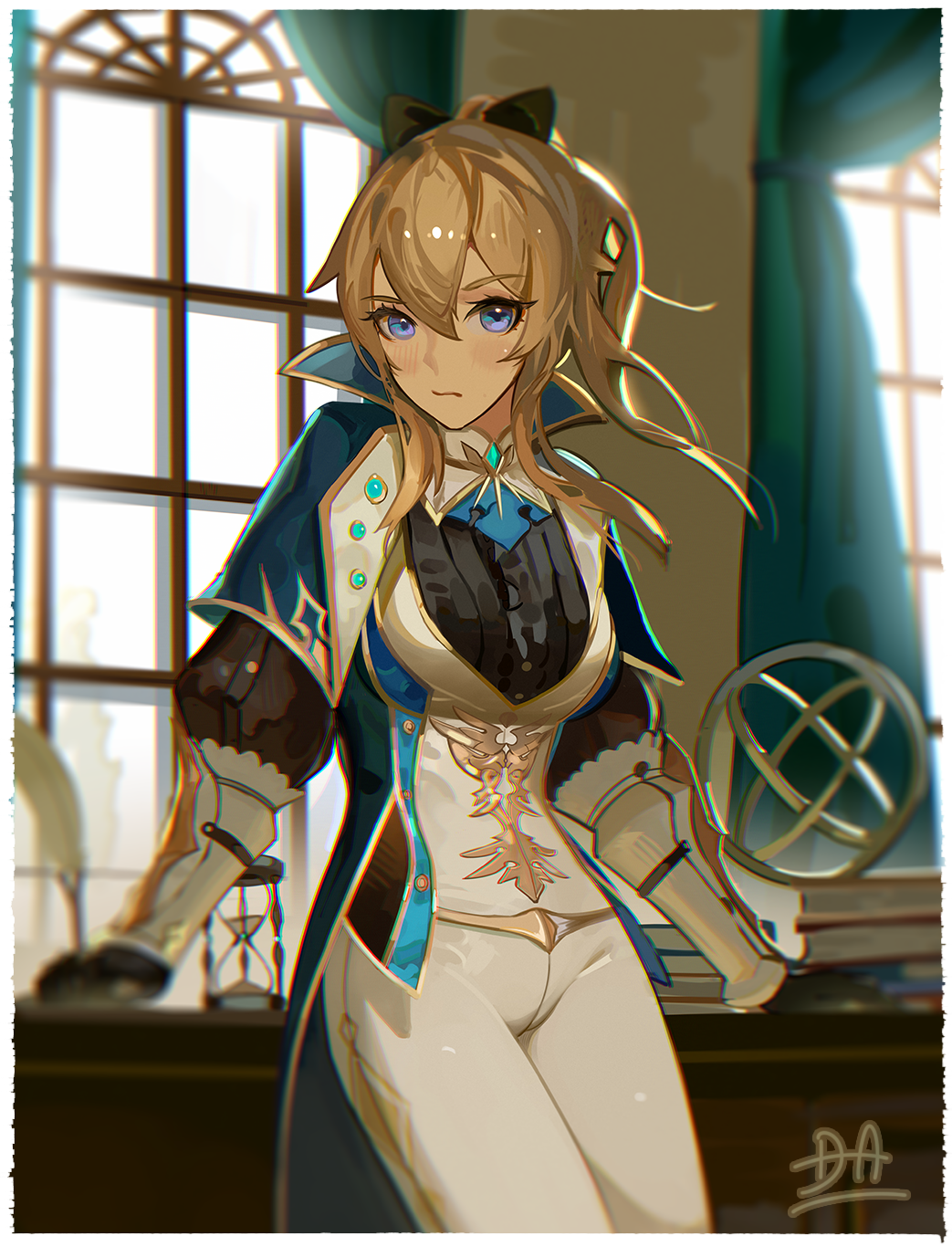 1girl artist_name black_bow black_gloves black_shirt blonde_hair blue_capelet blue_eyes blush book book_stack border bow cameltoe capelet center_frills chromatic_aberration closed_mouth cowboy_shot curtains da_(datako) desk frills genshin_impact gloves hair_between_eyes hair_bow highres hourglass indoors jean_(genshin_impact) jean_(gunnhildr's_legacy)_(genshin_impact) leaning_on_object long_hair looking_at_viewer official_alternate_costume pants ponytail quill shirt signature solo vest white_border white_pants white_vest window