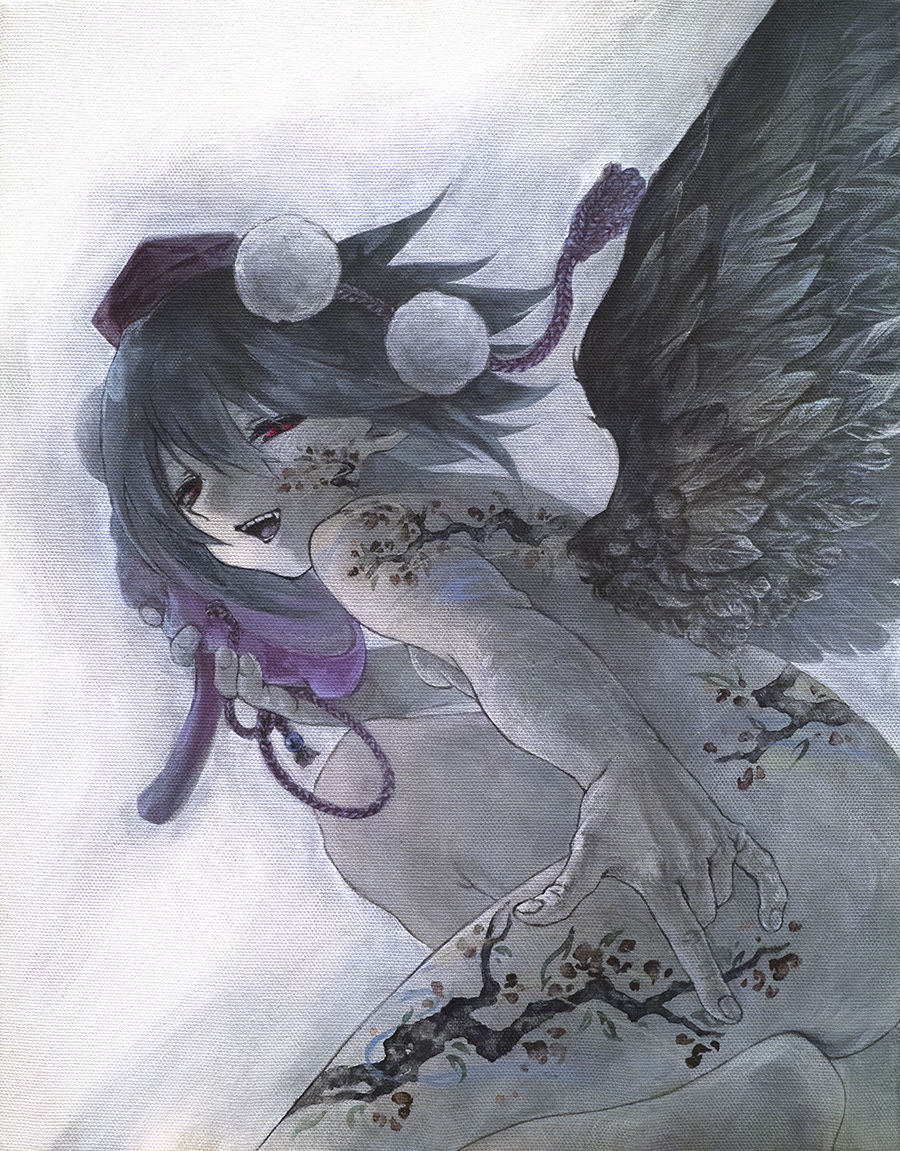 1girl acrylic_gouache_(medium) arm_at_side back_tattoo black_hair black_wings branch breasts completely_nude english_commentary facial_tattoo fang feathered_wings flower_tattoo from_behind from_below from_side gouache_(medium) hair_between_eyes hand_up hat holding holding_mask ikeda_ruriko leg_tattoo looking_at_viewer looking_down looking_to_the_side mask mixed-language_commentary nude on_one_knee open_mouth painting_(medium) pointy_ears pom_pom_(clothes) red_eyes red_headwear shameimaru_aya short_hair simple_background smile solo tattoo tengu_mask tokin_hat touhou traditional_media unworn_mask w white_background wings
