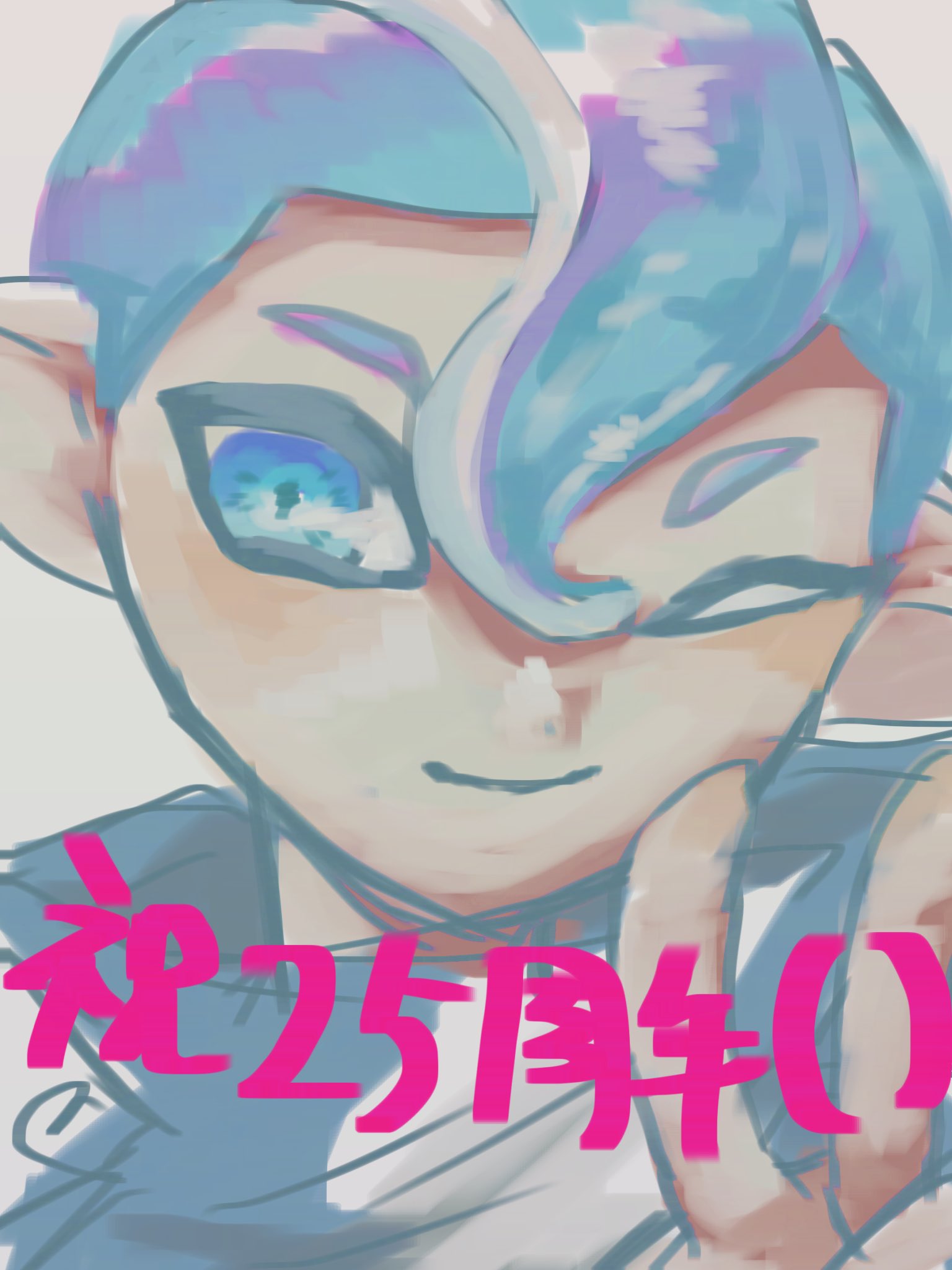 1boy blue_eyes blue_hair butter_(oshi8kyoumoh) closed_mouth commentary_request hand_up happy highres looking_at_viewer male_focus octoling octoling_boy one_eye_closed portrait short_hair sketch smile solo splatoon_(series) tentacle_hair tentacles translation_request v very_short_hair