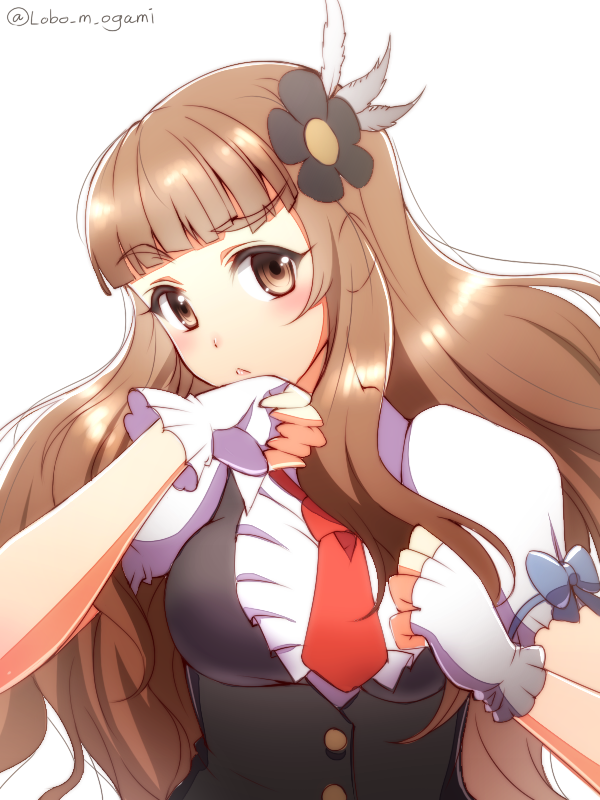 blue_bow bow brown_eyes brown_hair eyebrows eyebrows_visible_through_hair feathers fingerless_gloves flower gloves hair_feathers hair_flower hair_ornament idolmaster idolmaster_cinderella_girls kamiya_nao long_hair looking_at_viewer necktie ookami_maito red_neckwear short_necktie simple_background solo twitter_username upper_body white_background white_gloves