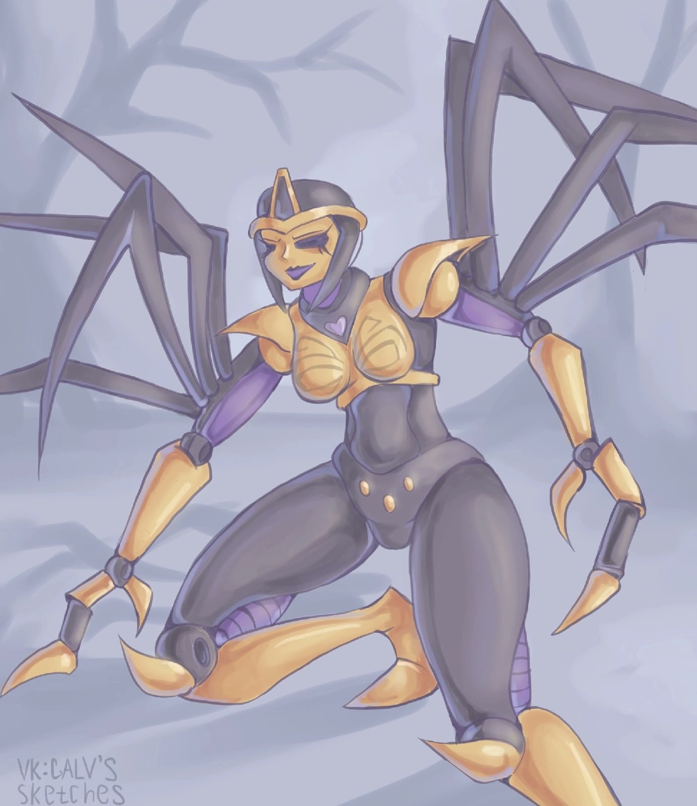 1girl arthropod_limbs beast_wars black_eyes black_lips blackarachnia breasts eyelashes forest galvgp helmet highres humanoid_robot medium_breasts nature robot robot_girl science_fiction solo thighs transformers