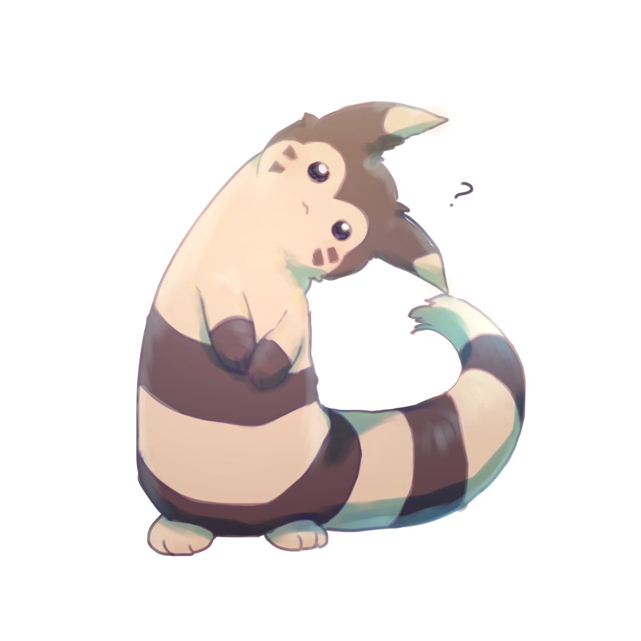 :&lt; ? animal_focus blue_eyes blush butter_(oshi8kyoumoh) closed_mouth commentary facial_mark full_body furret head_tilt highres light_blush looking_at_viewer no_humans own_hands_together pokemon pokemon_(creature) simple_background solo standing straight-on whisker_markings white_background