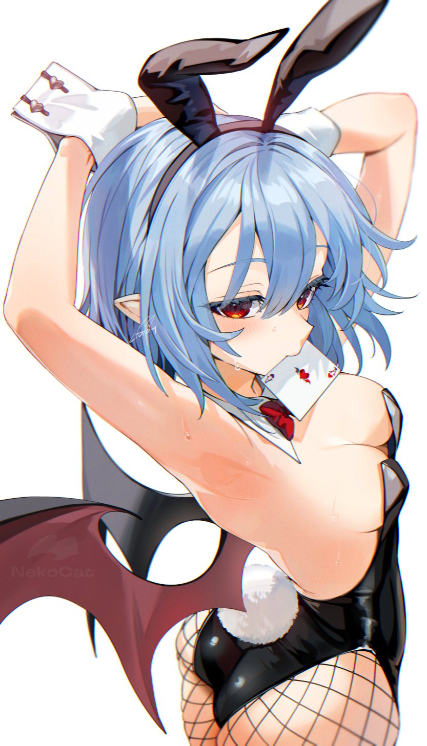 1girl animal_ears ass bat_wings black_leotard blue_hair breasts card_in_mouth cleavage commentary gotou_(nekocat) highres leotard looking_at_viewer medium_breasts mouth_hold playboy_bunny pointy_ears rabbit_ears rabbit_tail red_eyes remilia_scarlet short_hair simple_background solo tail touhou white_background wings wrist_cuffs