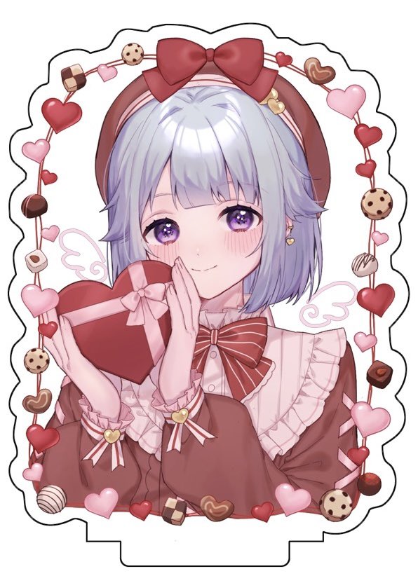 1boy androgynous blue_hair blush box brown_shirt candy chocolate closed_mouth cookie drawn_wings earrings ensemble_stars! food gift gift_box grey_background heart heart-shaped_chocolate holding holding_gift jewelry long_sleeves looking_at_viewer male_focus moka_(210727) purple_eyes shino_hajime shirt short_hair simple_background solo