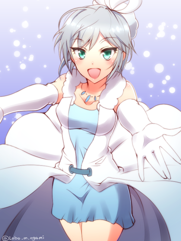 anastasia_(idolmaster) blue_dress collarbone dress elbow_gloves eyebrows eyebrows_visible_through_hair gloves green_eyes idolmaster idolmaster_cinderella_girls jewelry looking_at_viewer necklace ookami_maito open_mouth pure_white_memories short_hair silver_hair solo twitter_username white_gloves