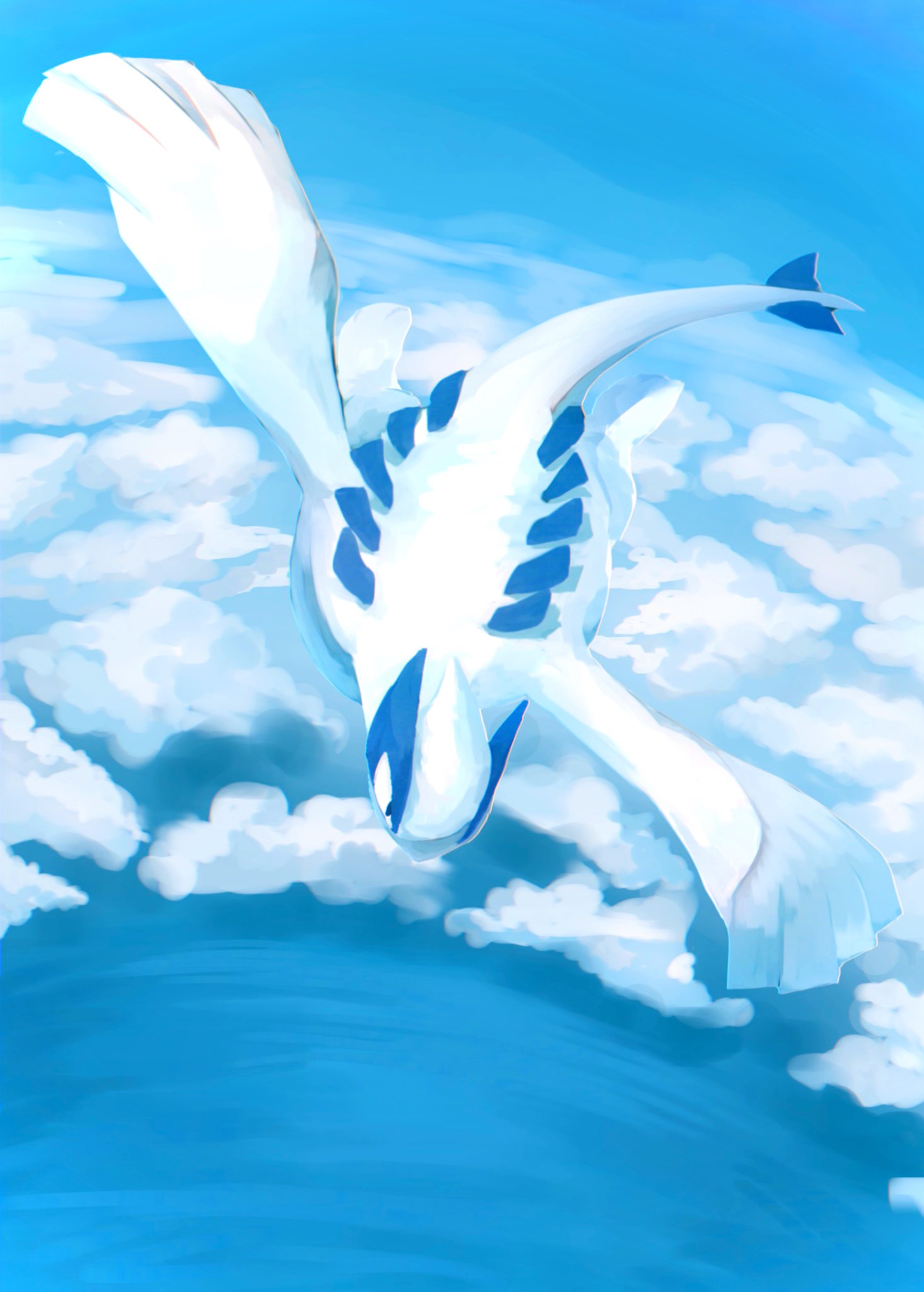 above_clouds animal_focus black_eyes blue_background blue_sky blue_theme butter_(oshi8kyoumoh) cloud commentary_request day flying from_above full_body highres lugia monochrome no_humans outdoors pokemon pokemon_(creature) sky solo
