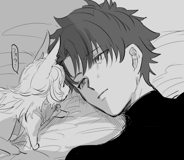 1boy bed_sheet closed_mouth fate/grand_order fate_(series) fou_(fate) fujimaru_ritsuka_(male) greyscale looking_at_another lying male_focus metarogu monochrome portrait short_hair sketch solo speech_bubble tears