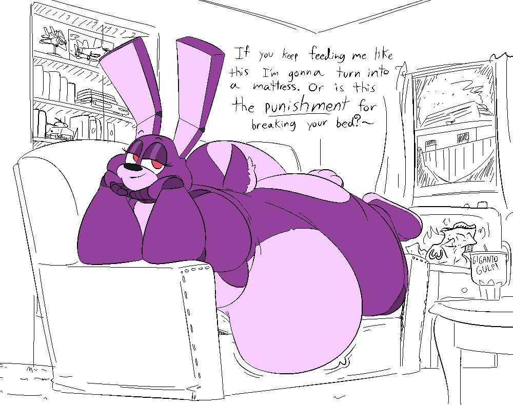 2020 3_toes 4_fingers aliasing animatronic anthro bedroom_eyes belly belly_overhang big_belly big_breasts biped bonnie_(fnaf) breasts butt countershade_butt countershade_feet countershade_fur countershade_torso countershading crossgender describing_size detailed_background digital_drawing_(artwork) digital_media_(artwork) english_text fast_food fat_arms feet female female_anthro fingers five_nights_at_freddy's food front_view fur furniture inside lagomorph leporid living_room lying lying_on_sofa machine mammal morbidly_obese morbidly_obese_anthro morbidly_obese_female mtf_crossgender narrowed_eyes nude nude_anthro nude_female obese obese_anthro obese_female on_front on_sofa overweight overweight_anthro overweight_female purple_body purple_countershading purple_ears purple_fur purple_inner_ear purple_tail rabbit red_eyes robot scottgames seductive shelf simple_background sofa solo tail talking_to_viewer text thatoneaceguy thick_thighs tilde_after_text toes underline white_background window