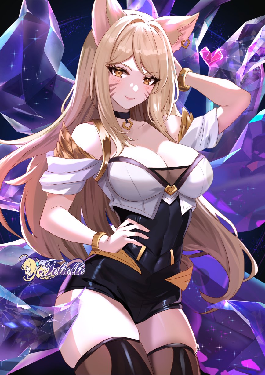 1girl ahri_(league_of_legends) animal_ears arm_up bare_shoulders black_choker black_shorts blonde_hair breasts brown_eyes choker cleavage commentary_request covered_navel cowboy_shot facial_mark felielle fox_ears hand_on_own_hip high-waist_shorts highres k/da_ahri large_breasts league_of_legends long_hair looking_at_viewer off-shoulder_shirt off_shoulder shirt short_sleeves shorts skindentation solo standing thighhighs thighs very_long_hair whisker_markings white_shirt