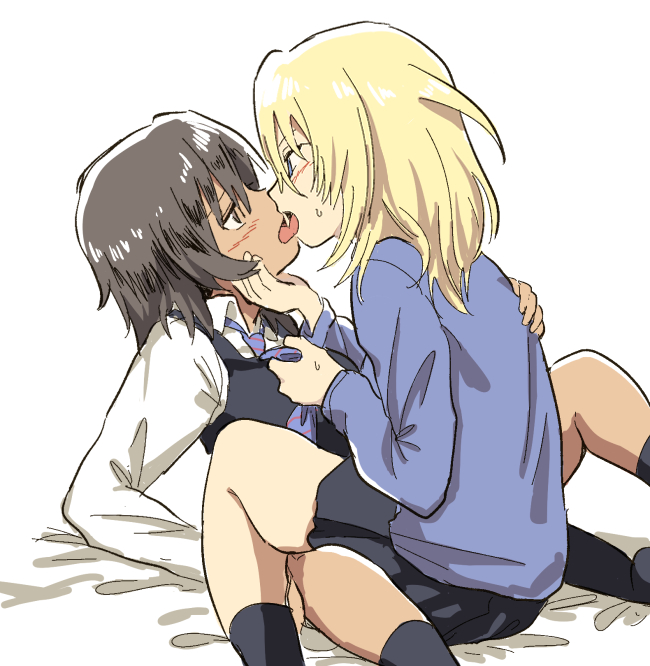 2girls andou_(girls_und_panzer) bc_freedom_school_uniform bed_sheet black_hair black_skirt black_vest blonde_hair blue_cardigan blue_eyes blush brown_eyes cardigan collared_shirt dark-skinned_female dark_skin french_kiss girls_und_panzer hand_on_another's_face hatsukaze33 kiss long_sleeves looking_at_another multiple_girls necktie necktie_grab neckwear_grab open_mouth oshida_(girls_und_panzer) school_uniform shirt simple_background sitting sitting_on_person skirt sweat tongue tongue_out vest white_background white_shirt yuri