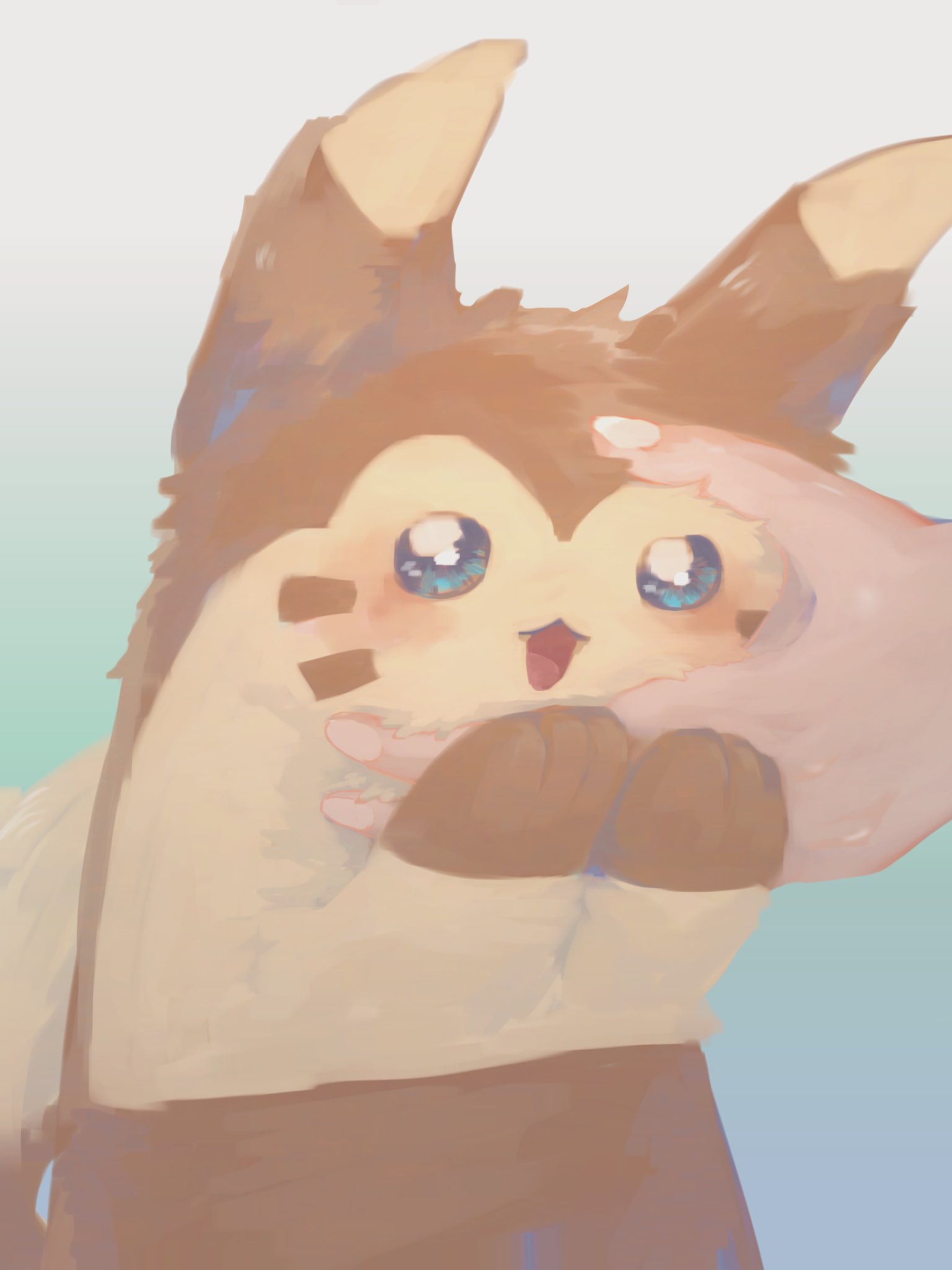 :3 animal_focus blue_eyes blush butter_(oshi8kyoumoh) disembodied_limb facial_mark furret gradient_background green_background hand_on_another's_face hand_on_another's_hand hands_up happy highres no_lineart open_mouth pokemon pokemon_(creature) simple_background smile solo_focus standing upper_body whisker_markings