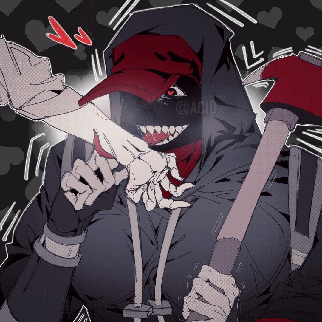 &lt;3 &lt;3_eyes 5_fingers axe big_muscles bite_mark clothing demon duo fingerless_gloves fingers gloves grey_clothing grey_hoodie grey_topwear handwear hat headgear headwear holding_axe holding_object hoodie human humanoid male mammal muscular muscular_male pecs pointy_tongue red_clothing red_hat red_headwear shaking sharp_teeth solo_focus suansushiji teeth topwear void_monster white_body white_skin